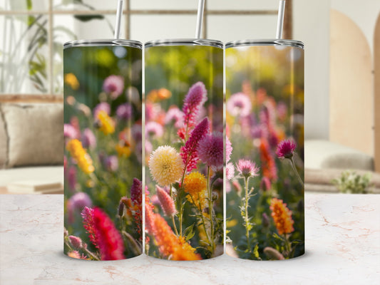 Three tumblers with a floral meadow design.