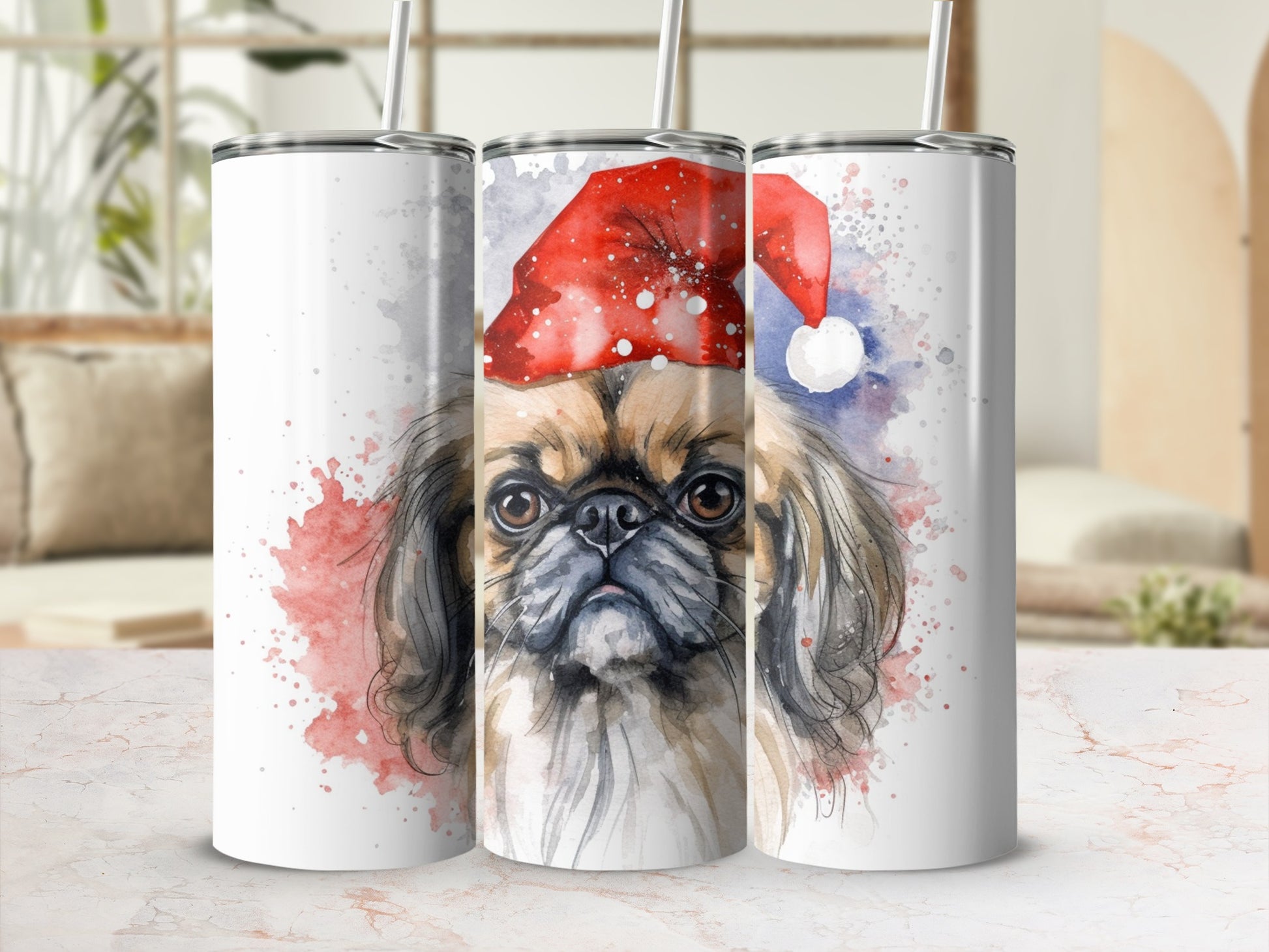 Pekingese dog wearing a Santa hat, watercolor style, on a white tumbler.