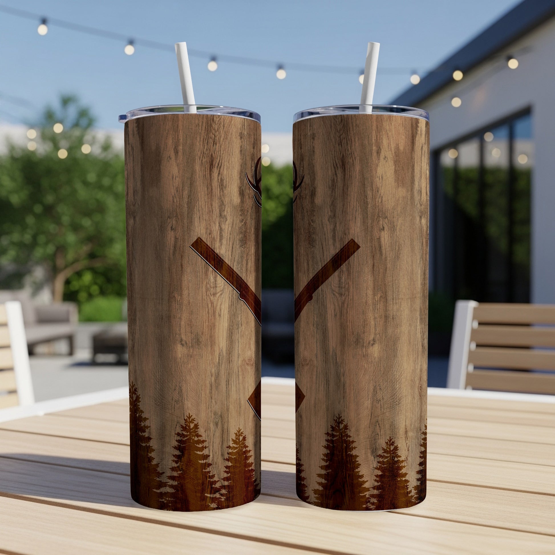 Two tall tumblers with a wood grain pattern and pine trees.