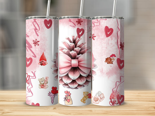 Cute Pink Hearts Pine Cone Design Insulated Tumbler