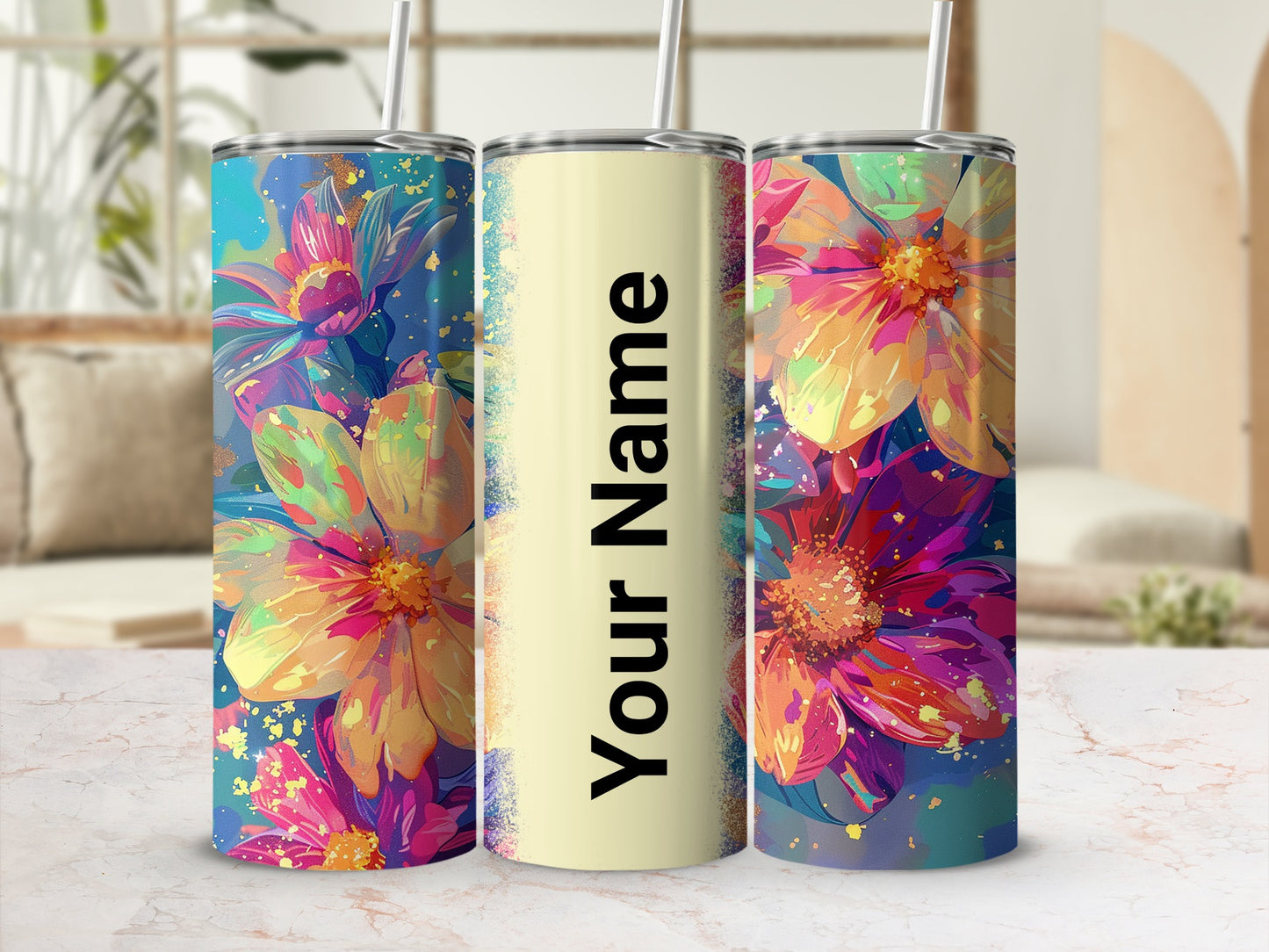 Personalized Floral Patterned Tumbler Customizable Name