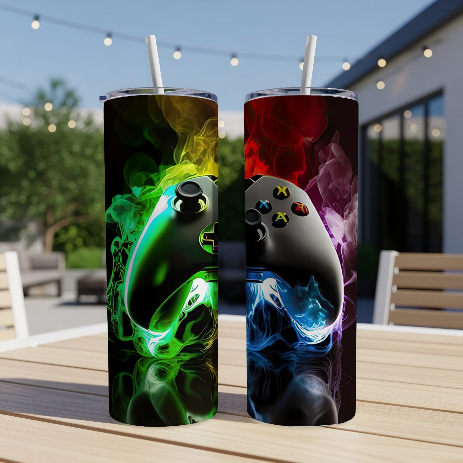 Two game controllers with colorful smoke, one green and one red.