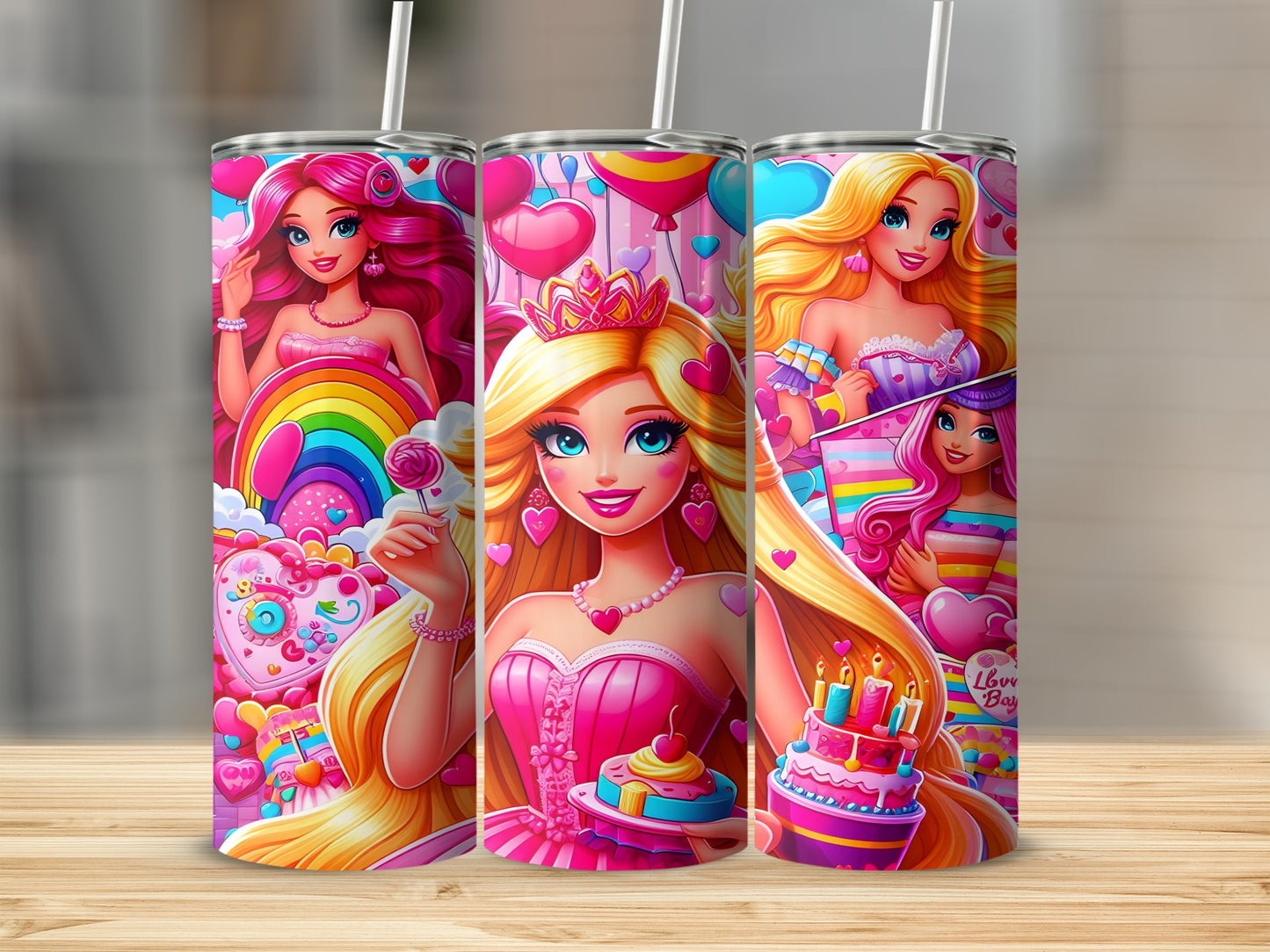 Three Barbie-themed tumblers with colorful graphics on a wooden surface.