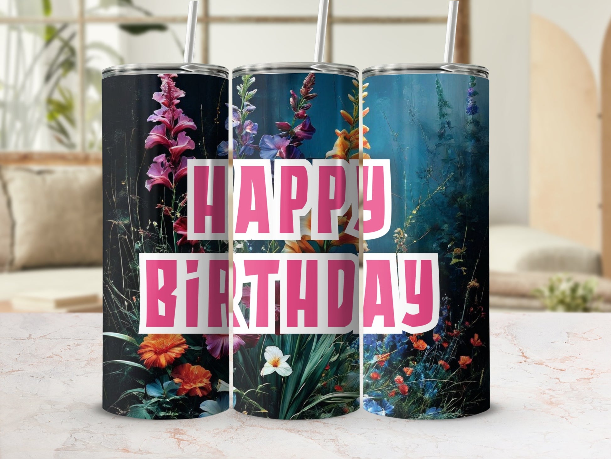 Birthday tumbler with vibrant floral design and "Happy Birthday" text.