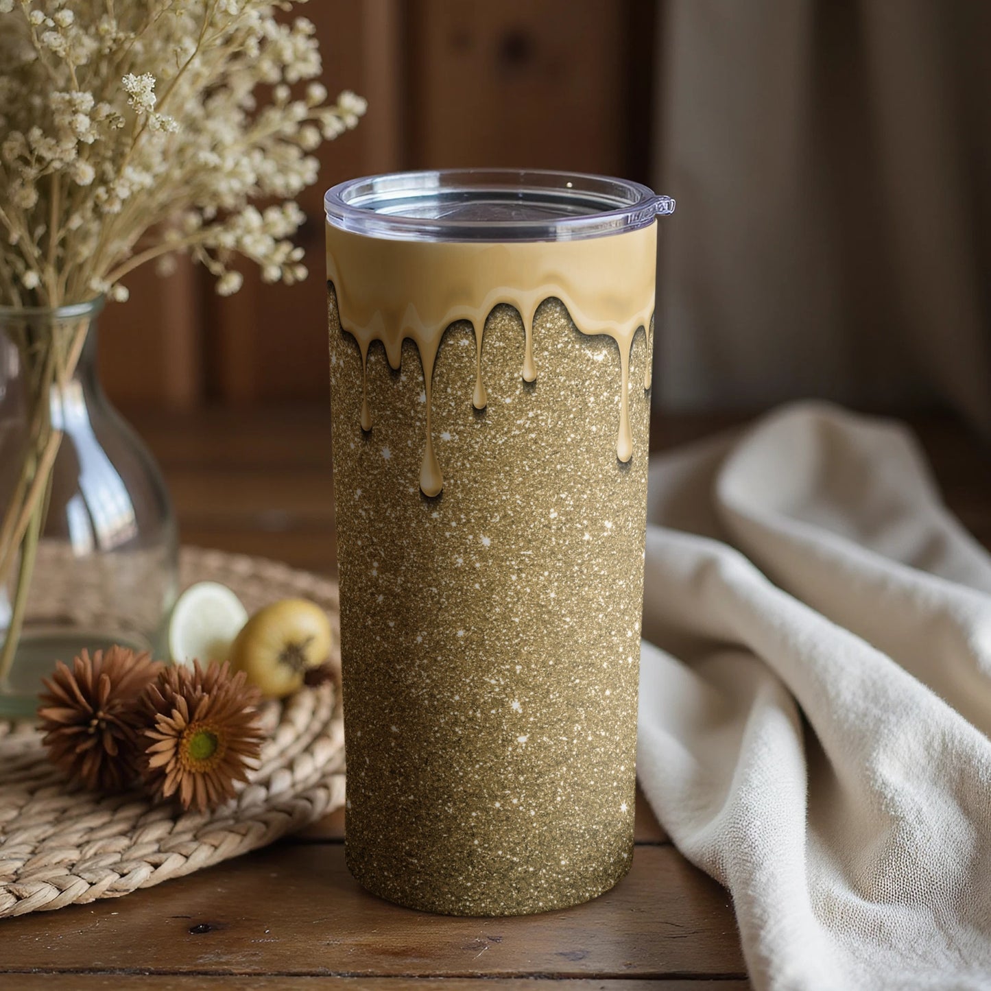Gold Glitter Drip Effect Tumbler for Stylish Beverages