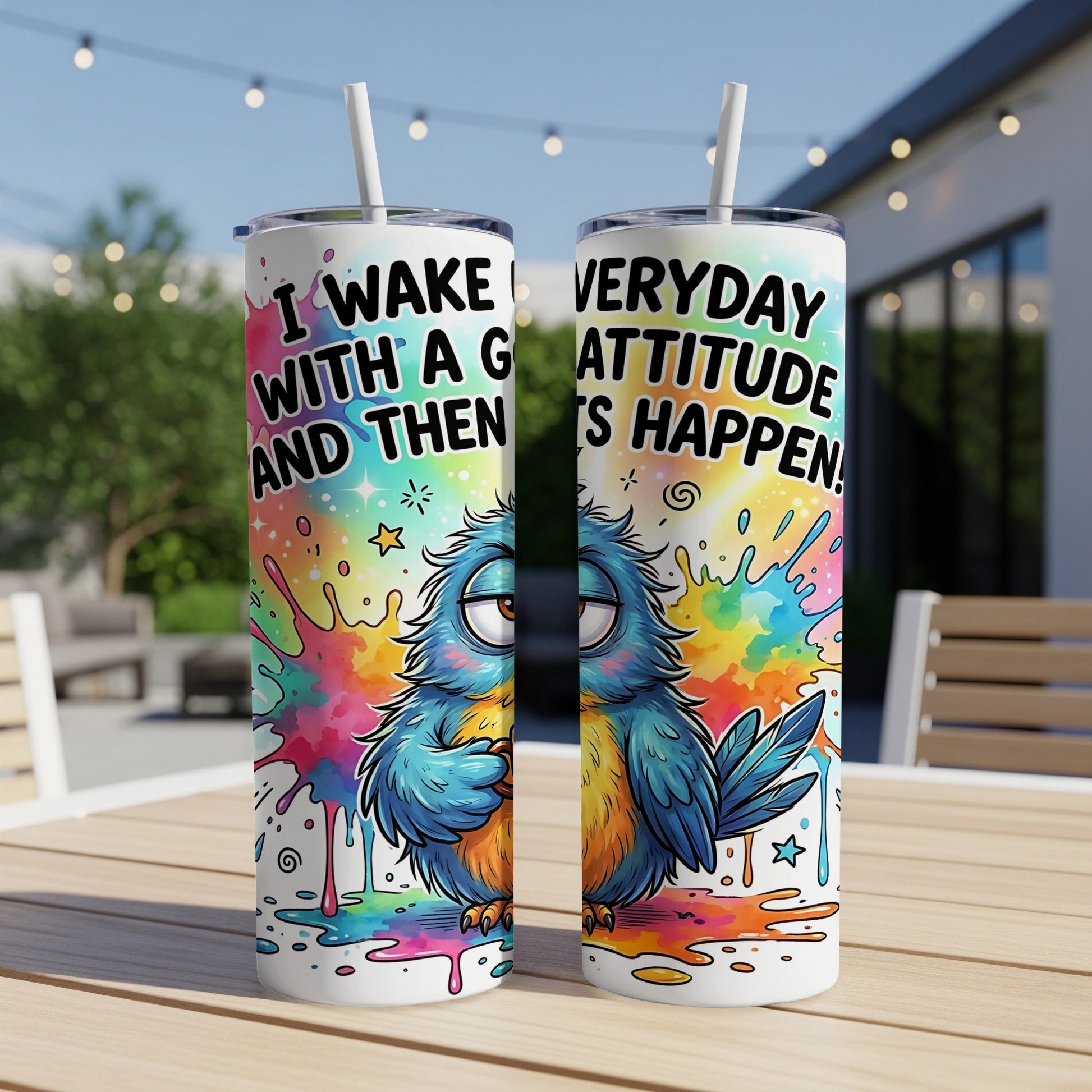 Blue bird with "I wake with a good attitude and then... it happens" on a tumbler.