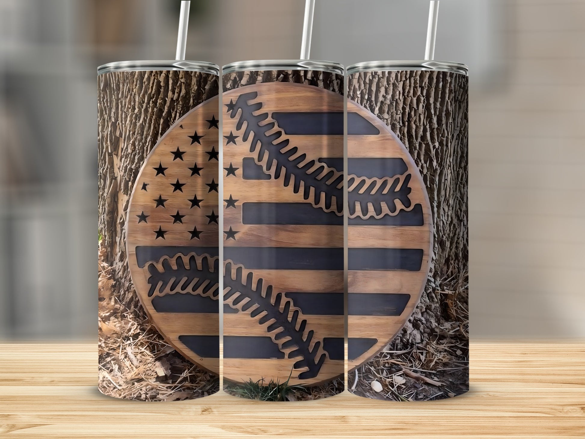 Rustic American Flag and Baseball Pattern Tumbler