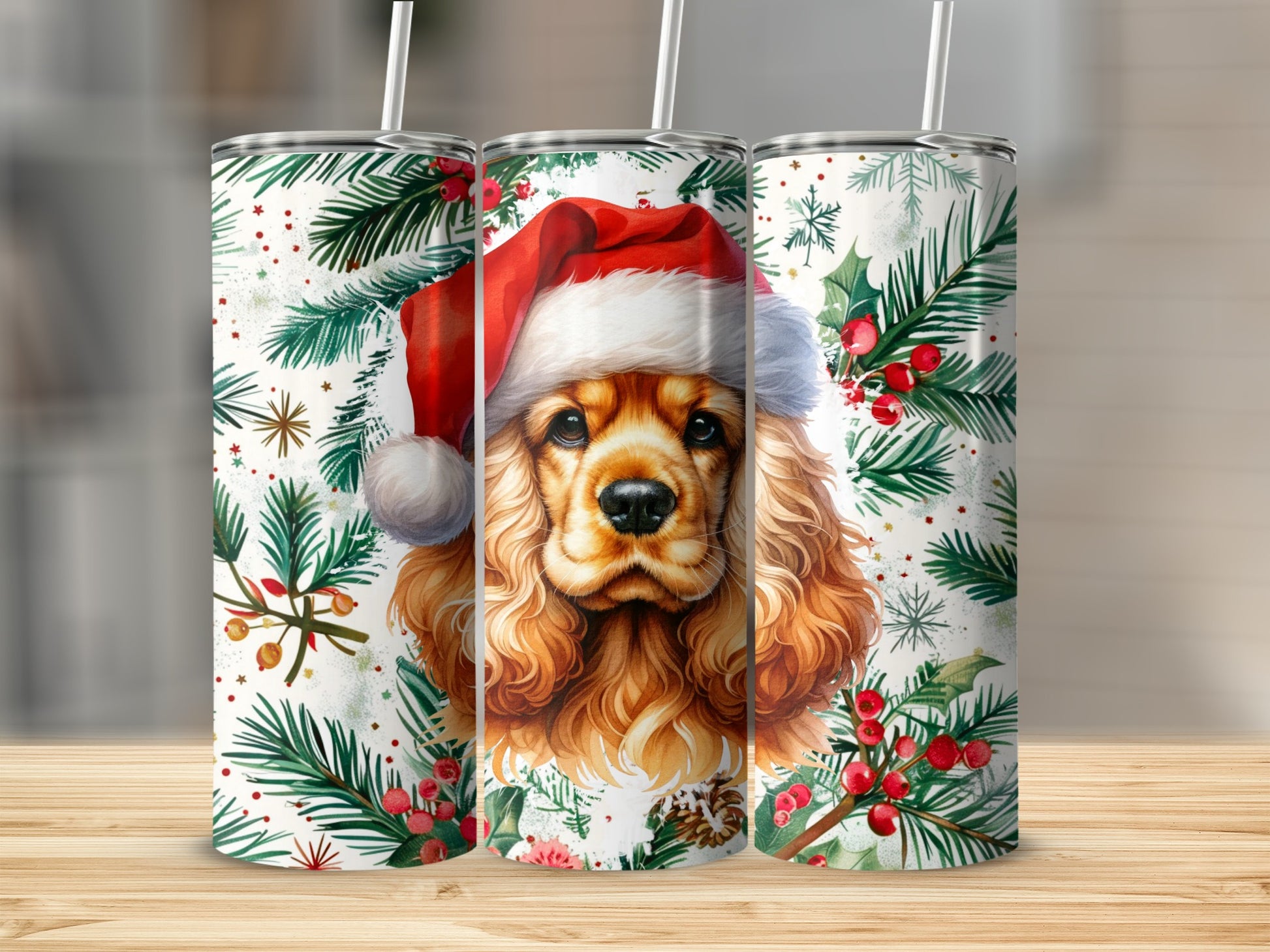 Christmas tumbler featuring a Cocker Spaniel wearing a Santa hat.