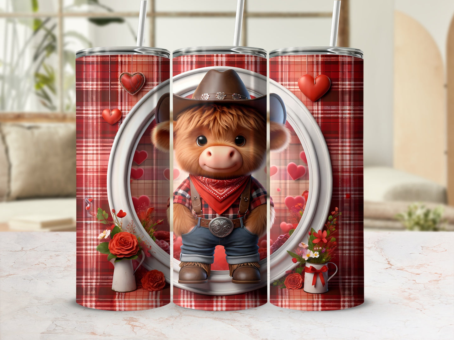 Bull cowboy character on red plaid tumbler with hearts and flowers.
