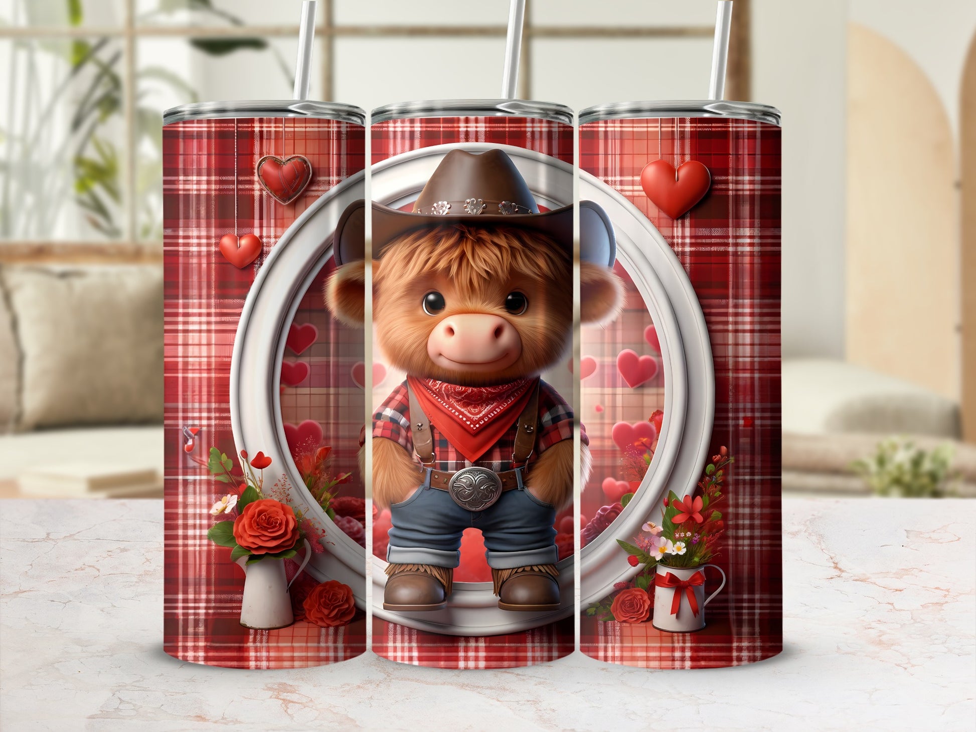 Bull cowboy character on red plaid tumbler with hearts and flowers.