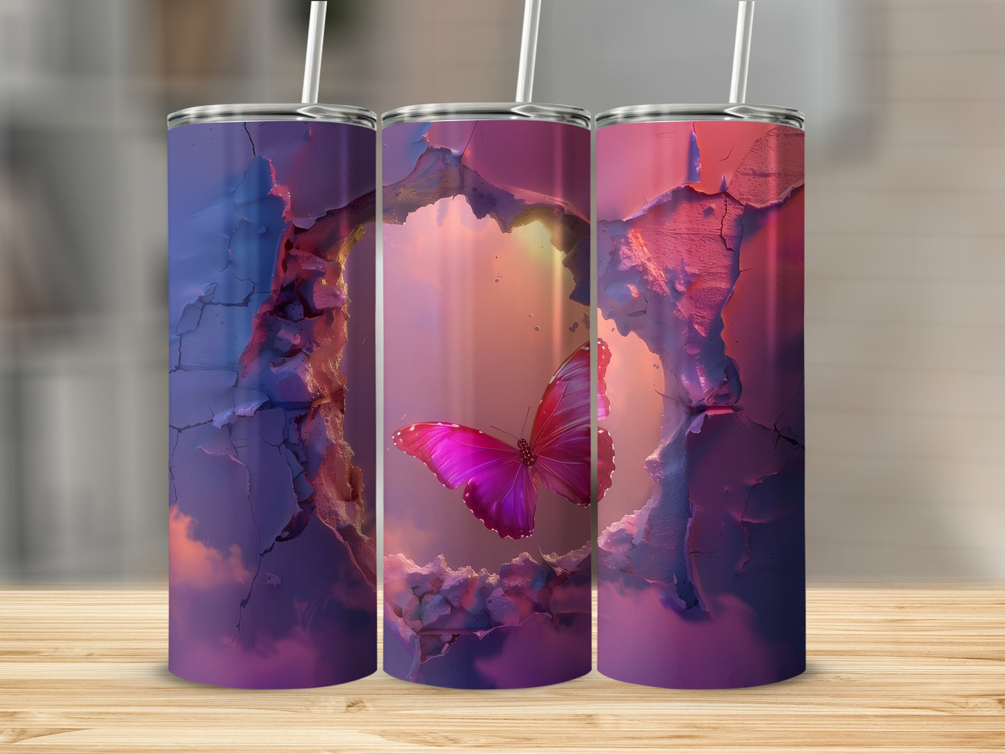 Three tumblers featuring a cracked texture and a vibrant pink butterfly.