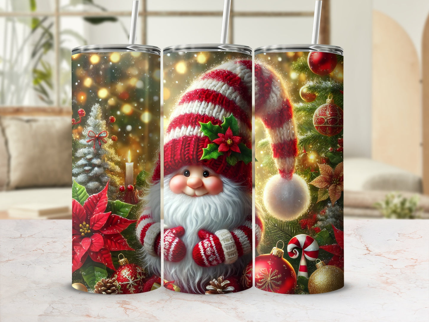 Three tumblers decorated with a gnome, poinsettias, and festive Christmas elements.