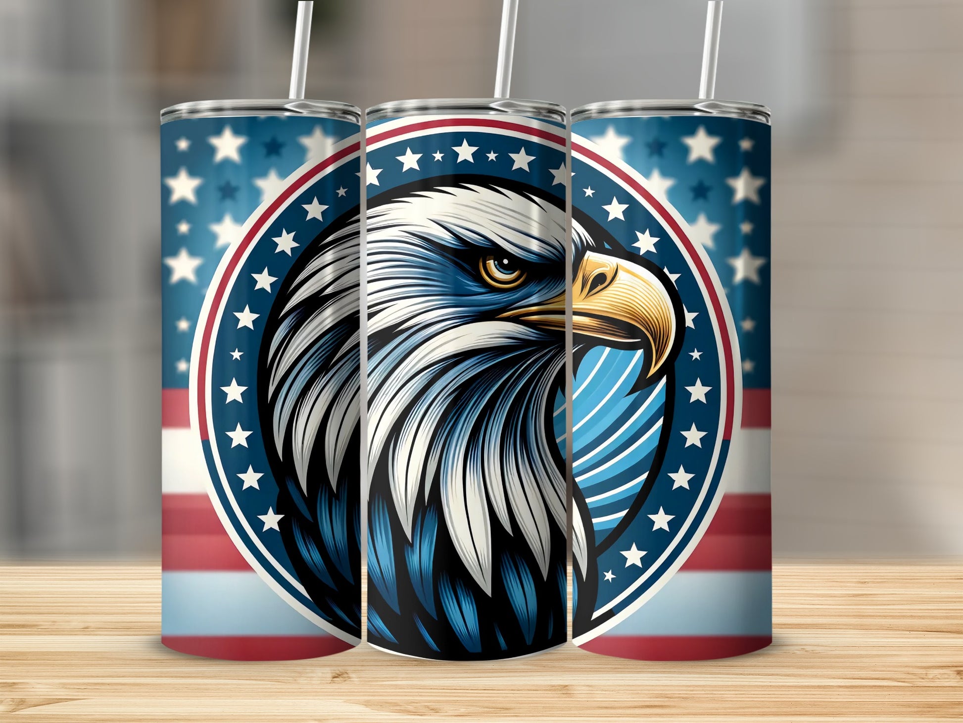 Triptych of patriotic tumblers featuring an eagle's head and stars and stripes.