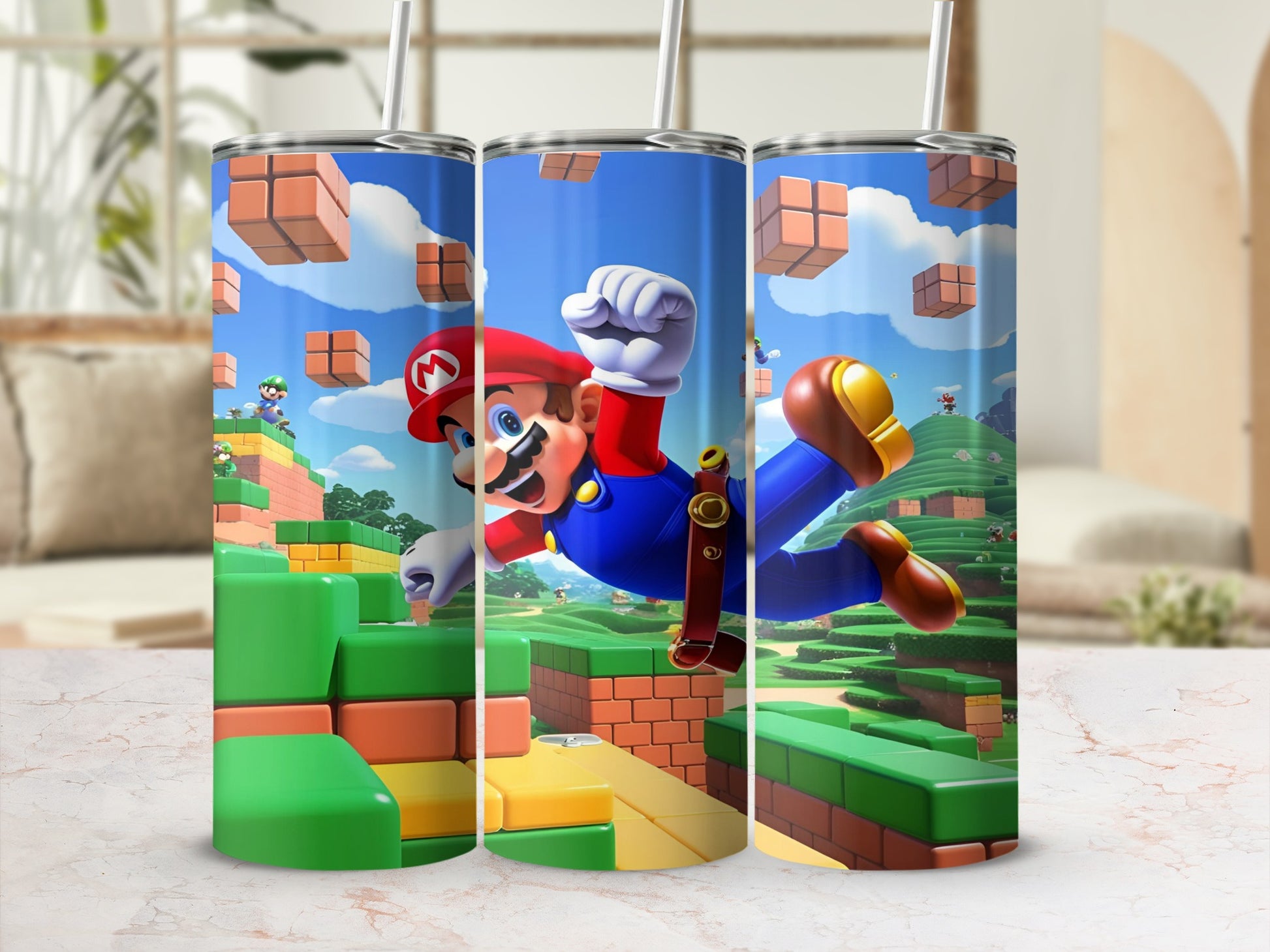 Mario leaps across a pixelated landscape on three stacked tumblers.