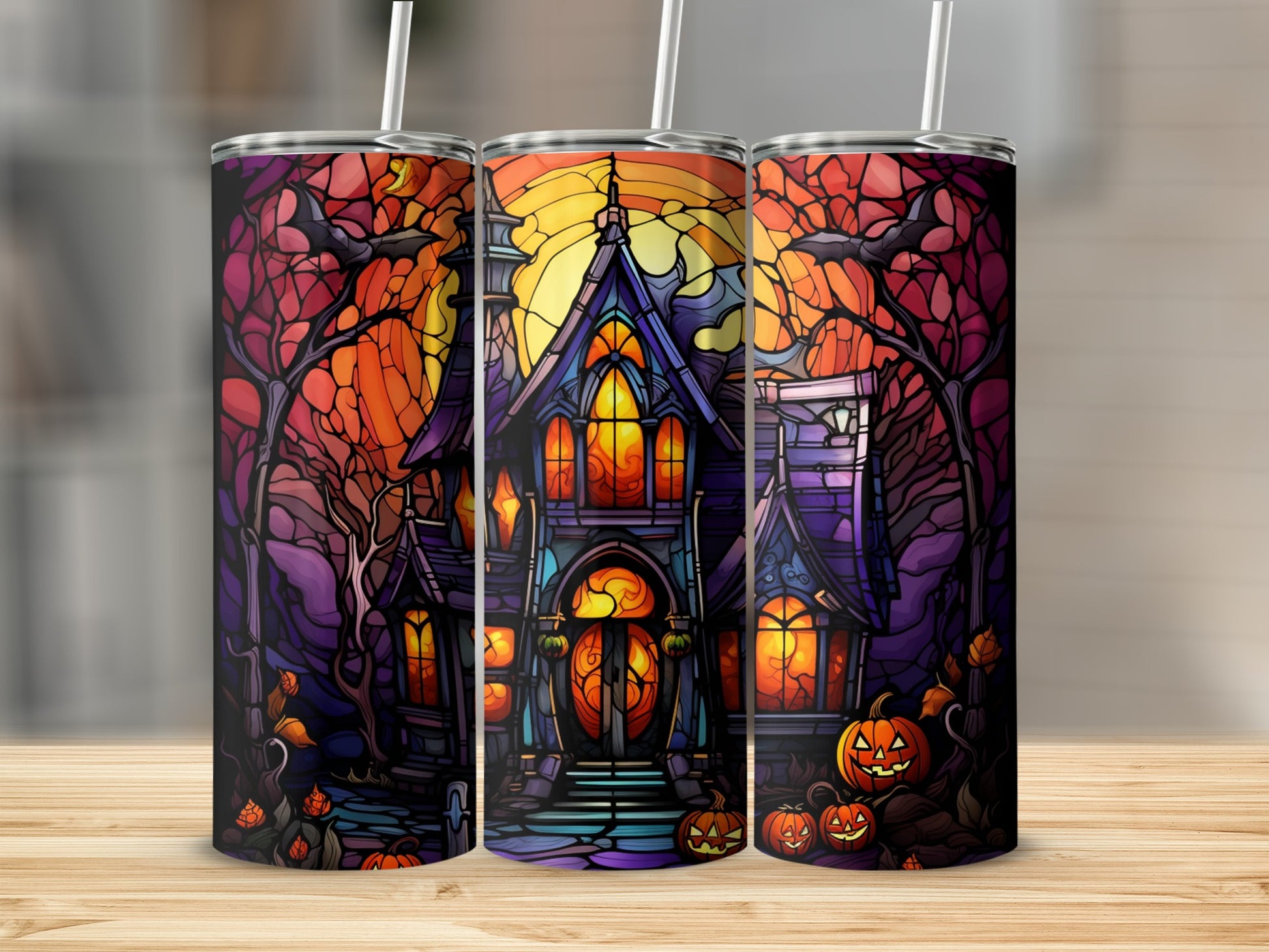 Stained glass haunted house with pumpkins and spooky trees, sunset sky.