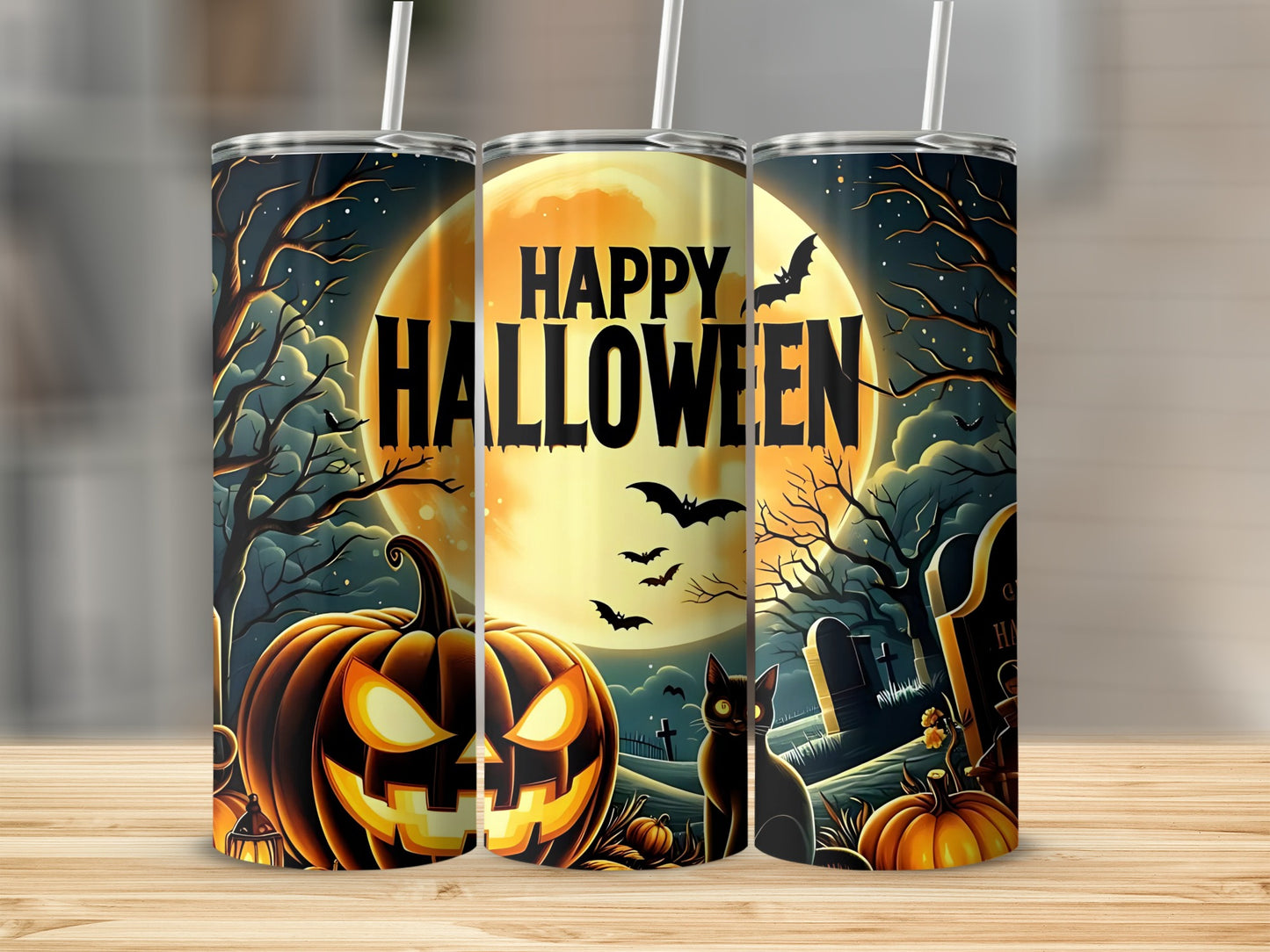 Happy Halloween Pumpkin and Cat Graveyard Themed Tumbler