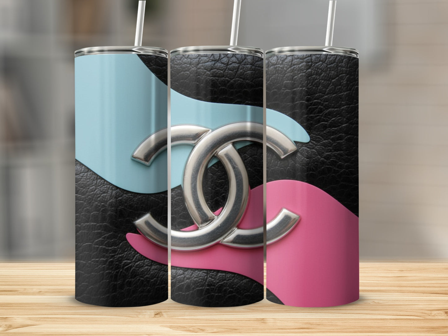 Silver Double Loop on Pink Blue Design Black Base Tumbler