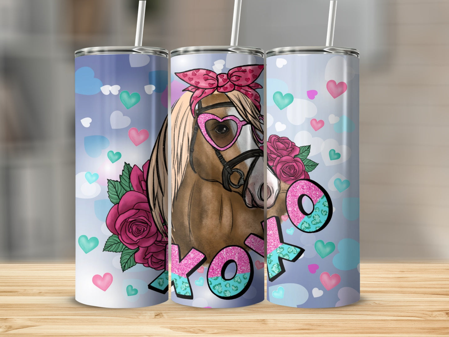 Brown horse with heart sunglasses and pink bow on tumbler, "XOXO" text.