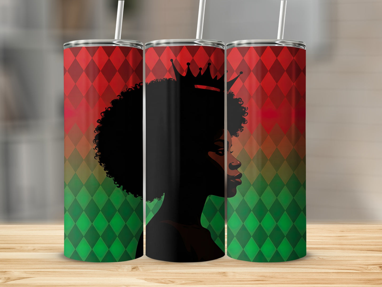 Silhouette of Black woman wearing a crown against a red and green diamond pattern.