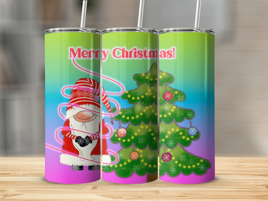 Christmas gnome and decorated tree on a gradient background tumbler.