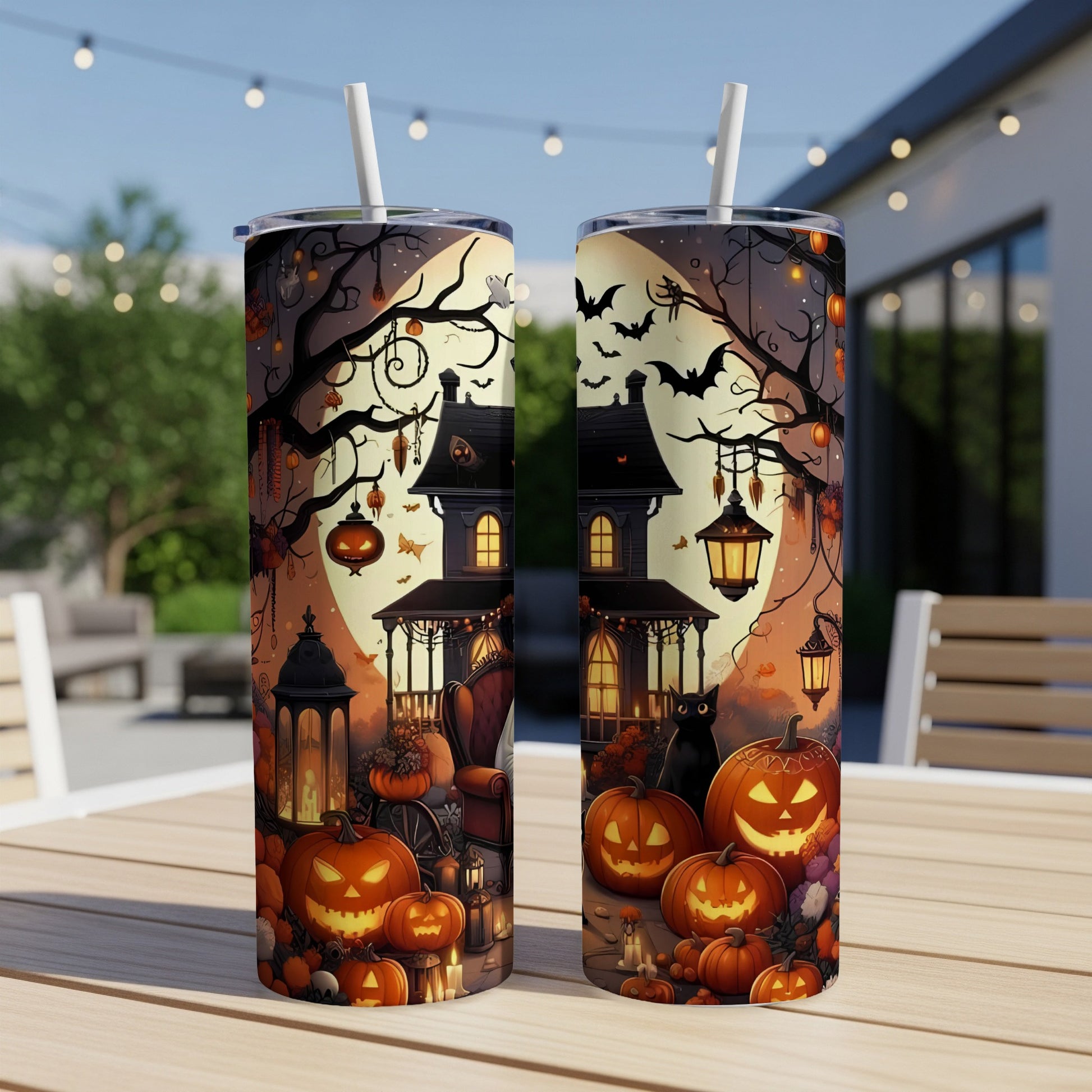 Two Halloween tumblers with spooky houses, pumpkins, black cats, bats, and lanterns.