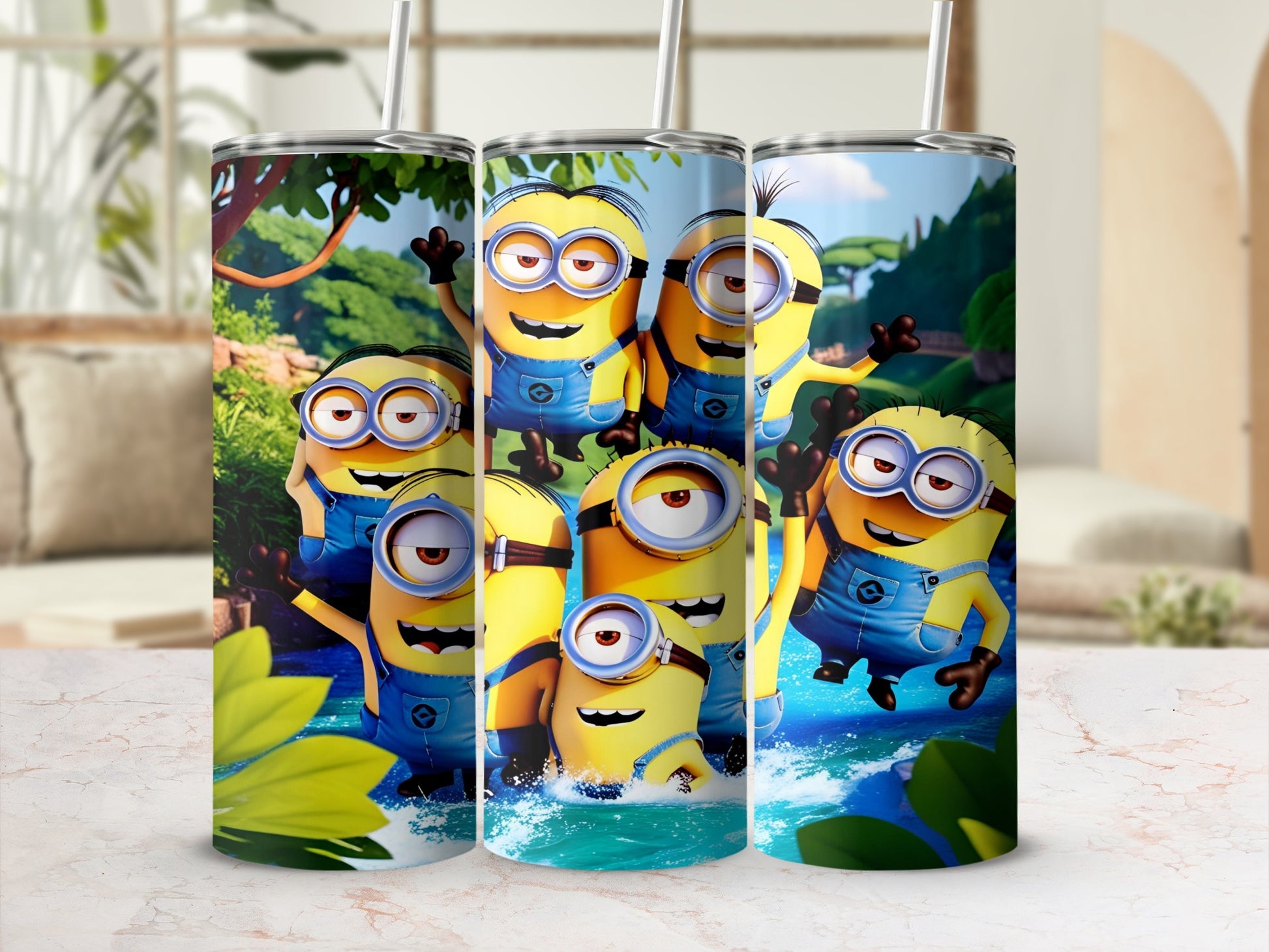 Three Minions in blue overalls splash in blue water surrounded by greenery.