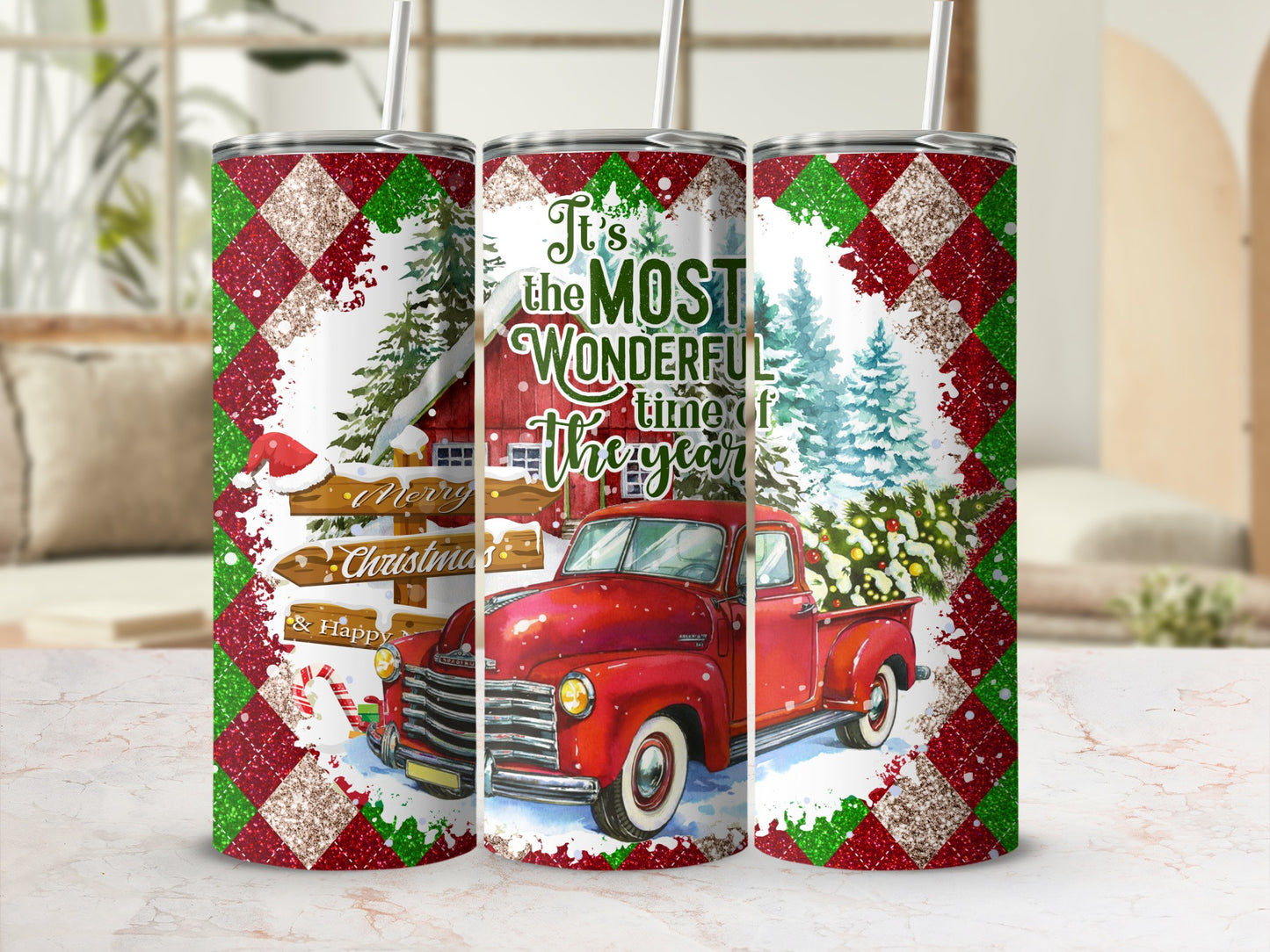 Red truck with "It's the most wonderful time of the year" text.
