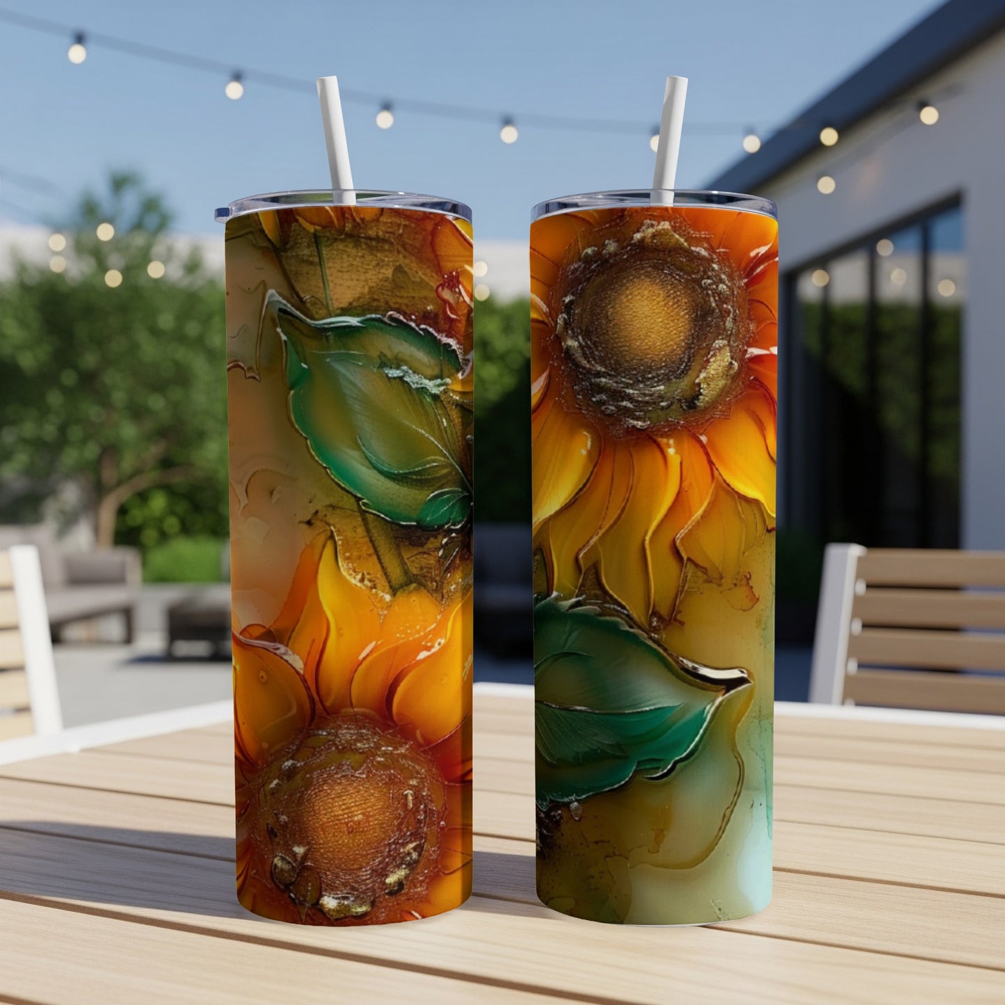 Two tumblers with abstract sunflower designs on a wooden table.