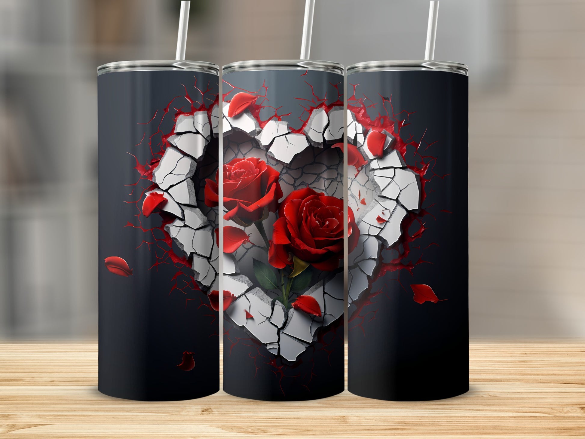 Cracked Heart Design with Red Roses Tumbler Product