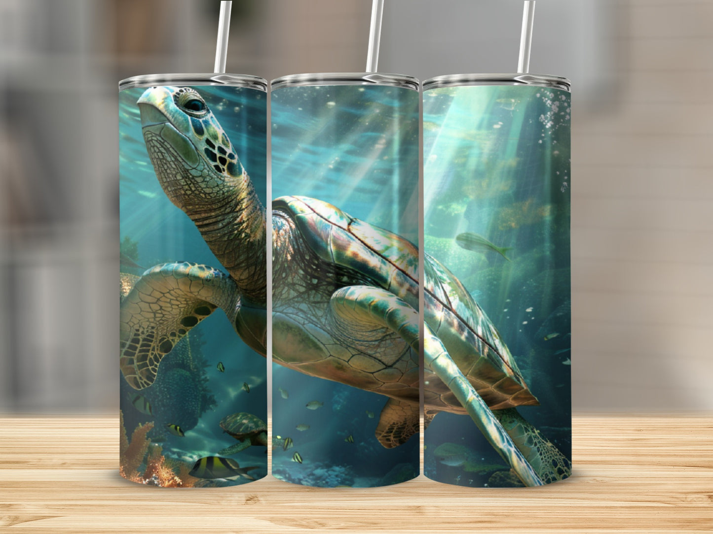 Sea turtle swimming underwater with sunbeams and small fish.