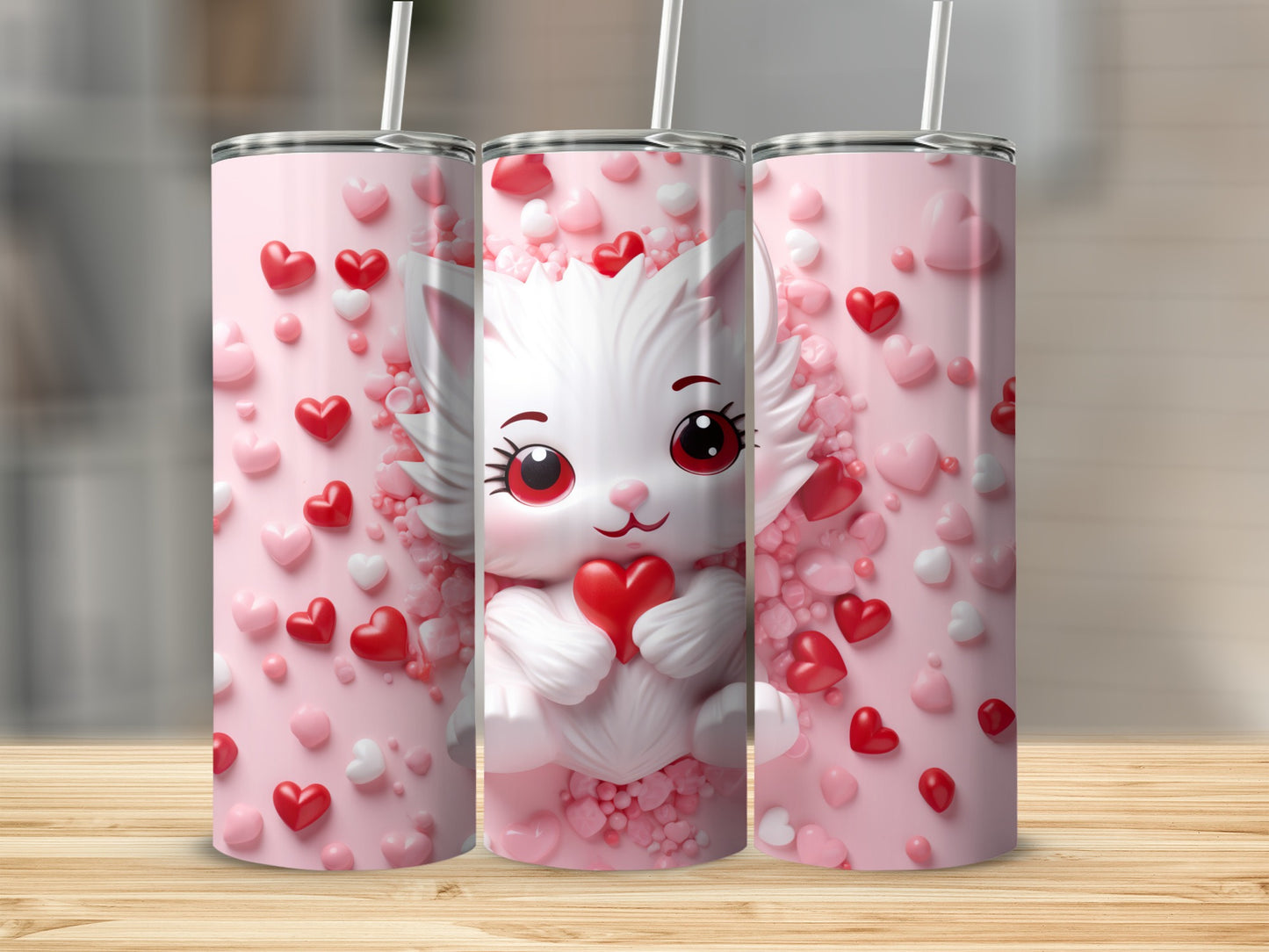 White cartoon cat with heart-shaped eyes holding a red heart, surrounded by pink hearts.