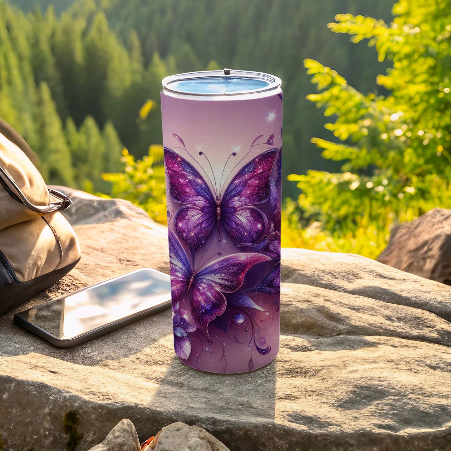 Purple and Pink Butterfly Art Travel Tumbler