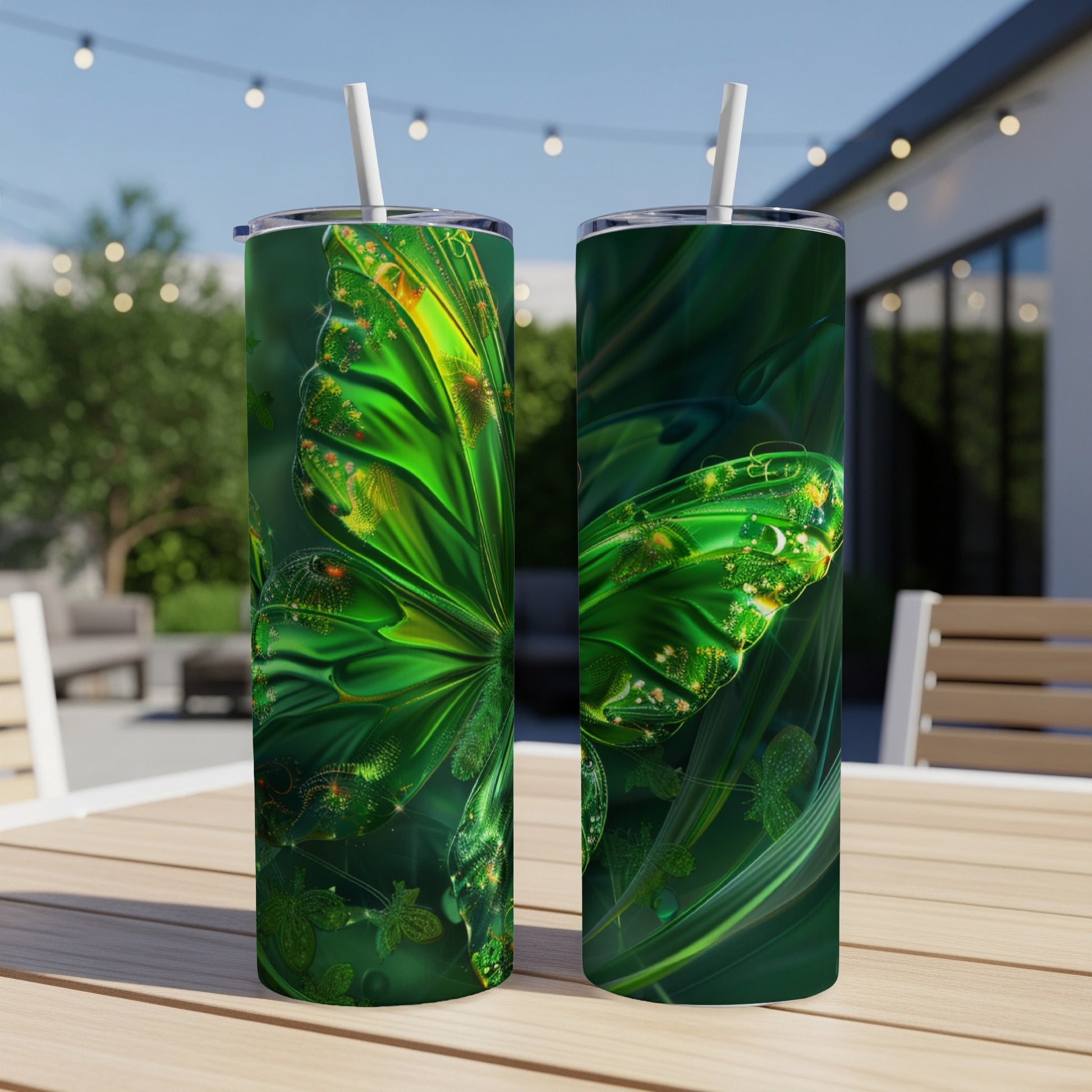 Two tumblers with iridescent green butterfly wings design, on a table.