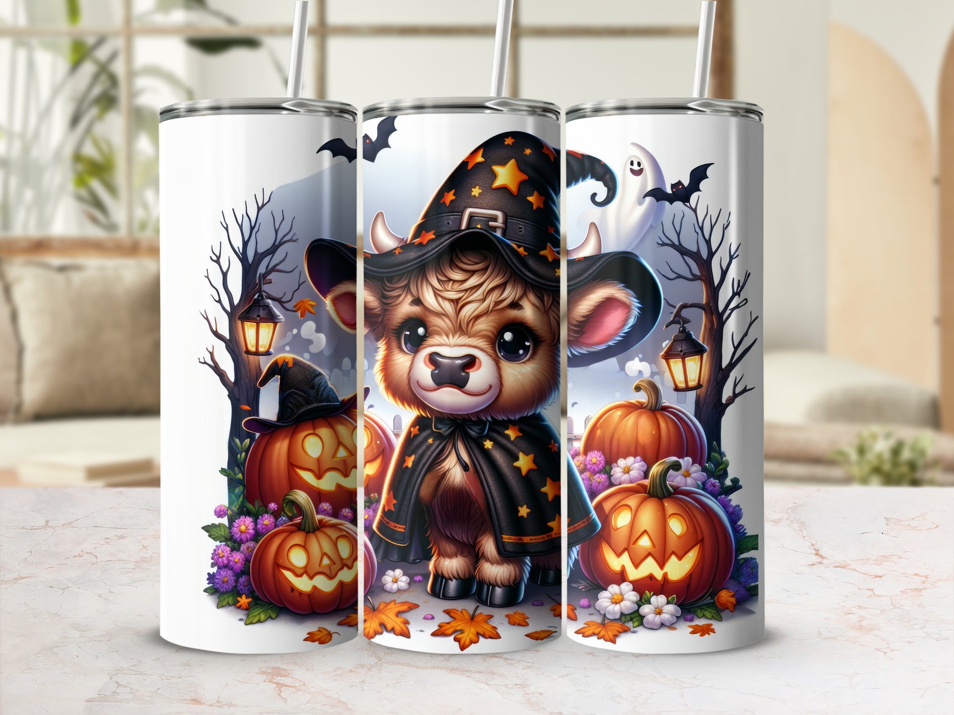 Cute cow in witch hat, Halloween pumpkins, and bats on a tumbler.
