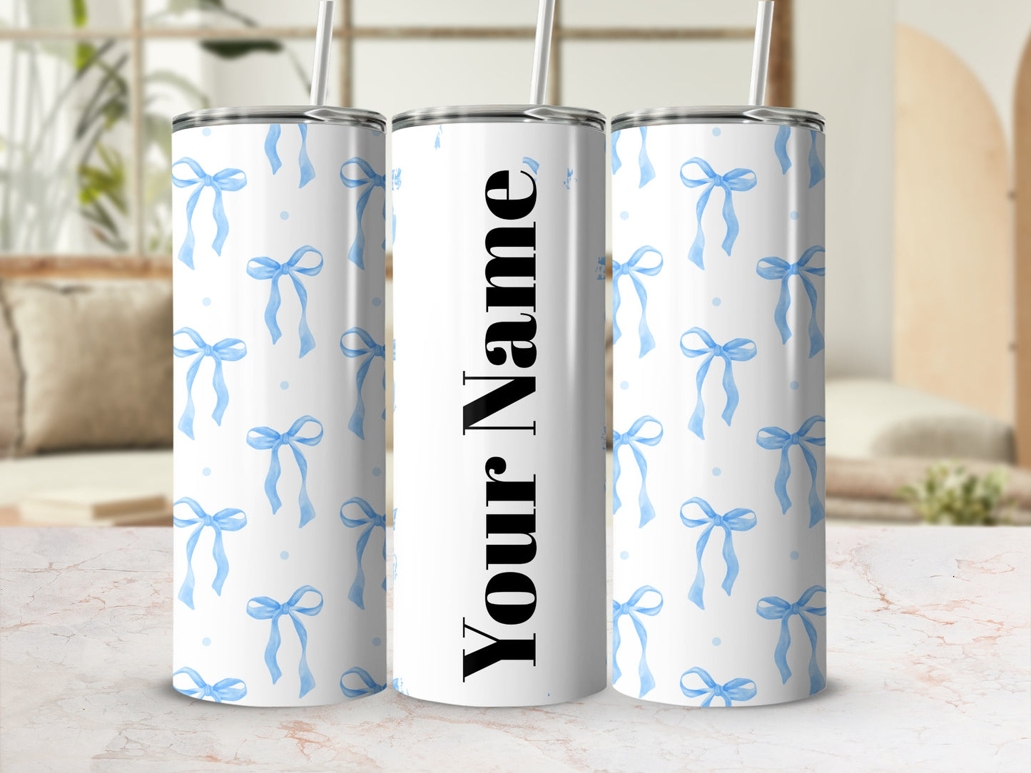 Personalized Blue Bow Pattern Tumbler with Your Name