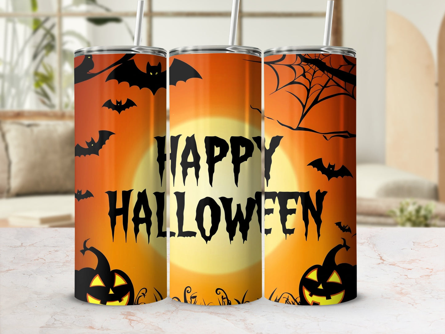 Three Halloween tumblers with bats, pumpkins, spiderwebs, and the text "HAPPY HALLOWEEN".