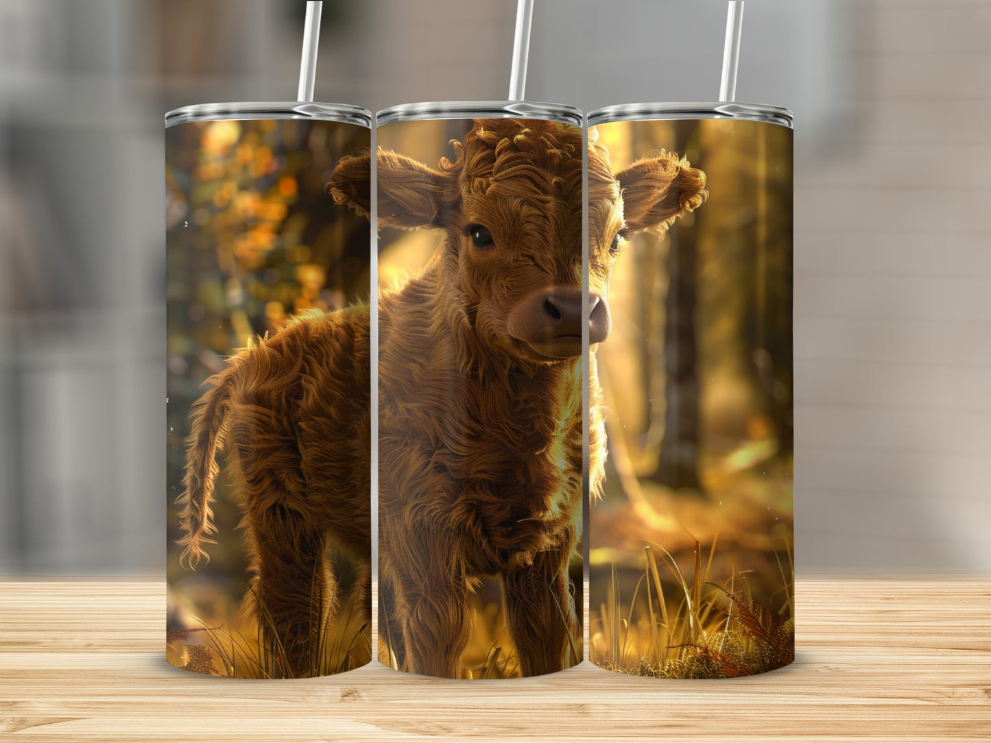 Fluffy brown calf in a sunlit meadow, standing between two tumblers.