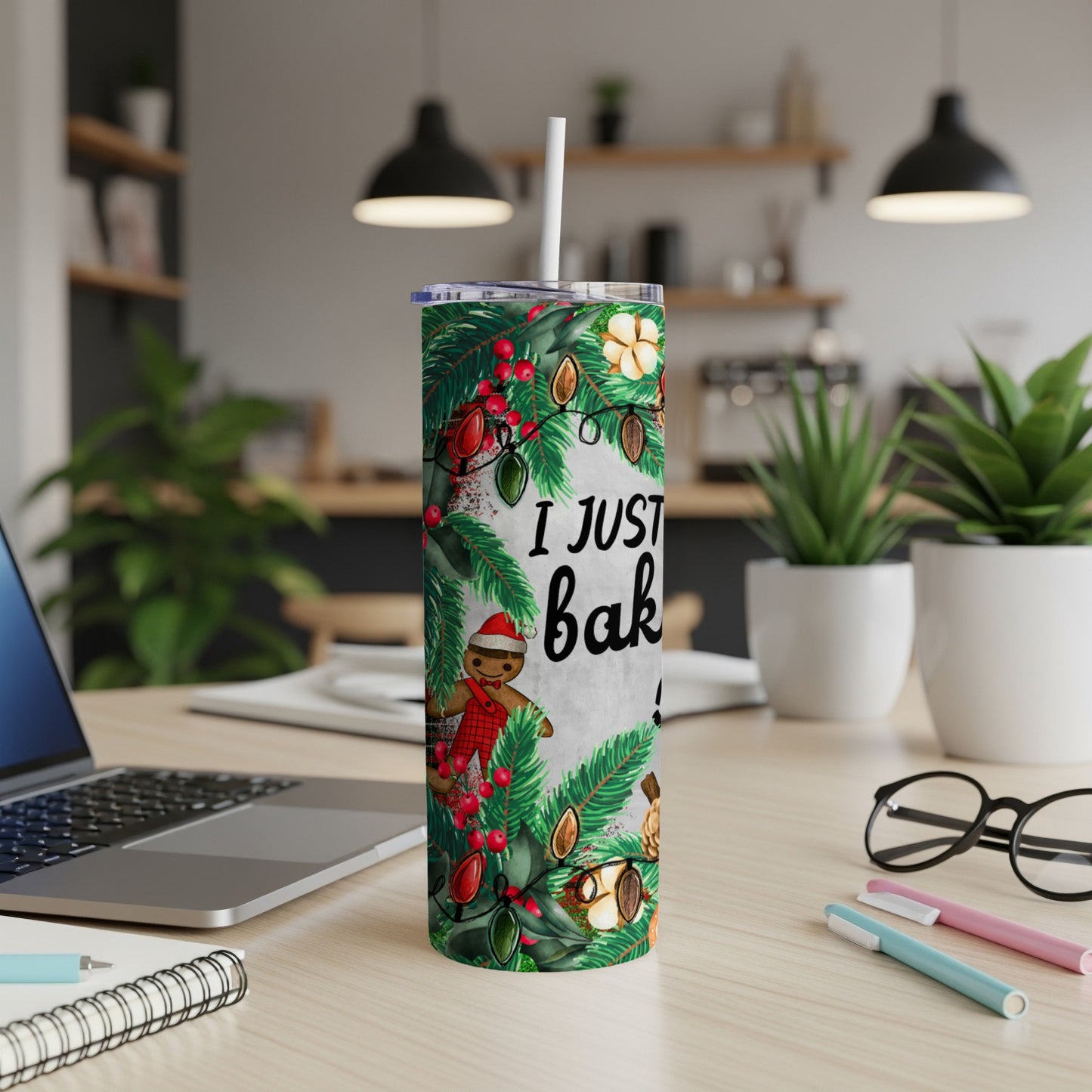 Tall tumbler with Christmas cookie and gingerbread man design and "I just bak" text.