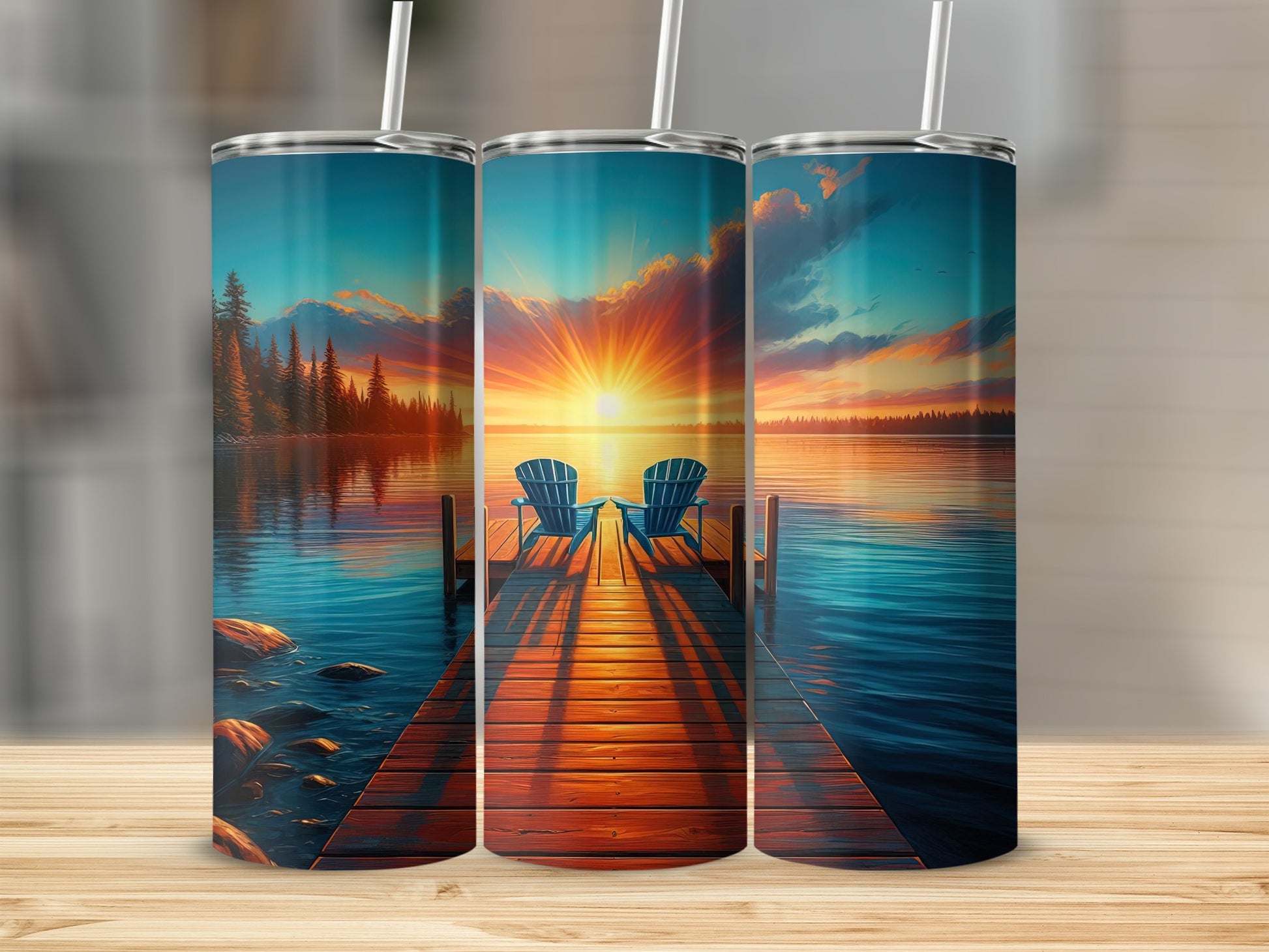 Lake Sunset Dock Adirondack Chairs Nature Scene product type