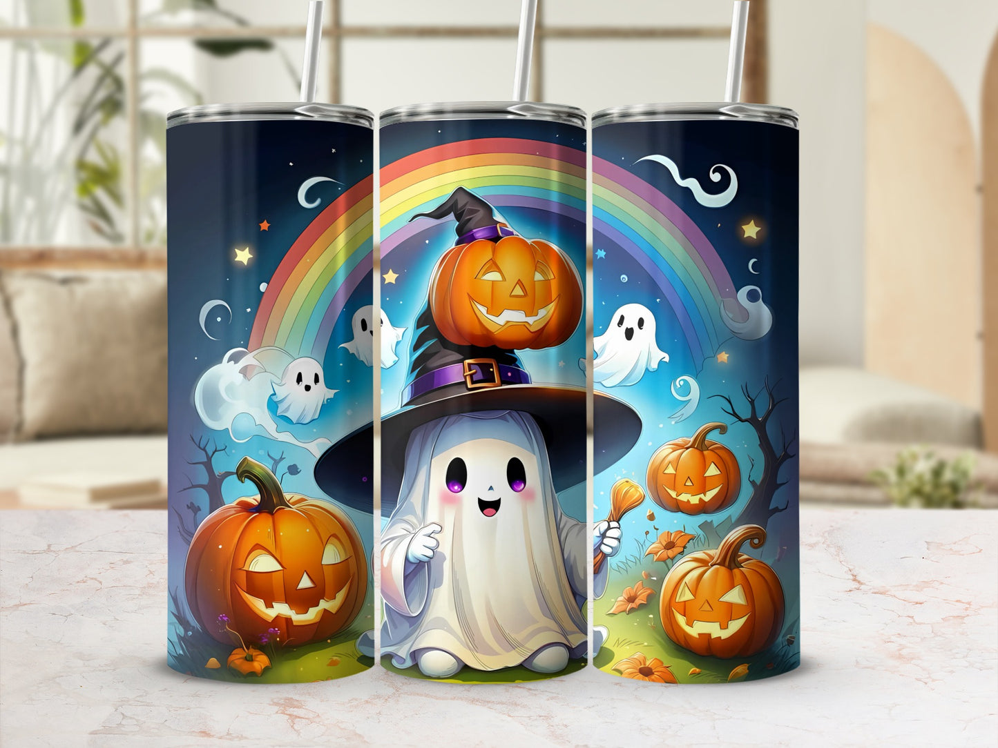 Halloween tumblers with a ghost, pumpkins, and rainbow design.