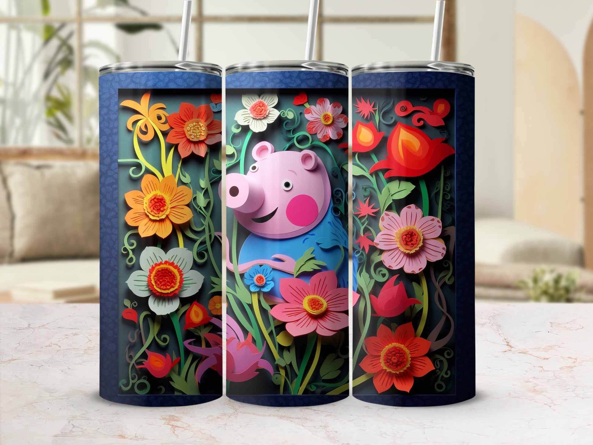Colorful Floral Pig Tumbler with Decorative Flowers