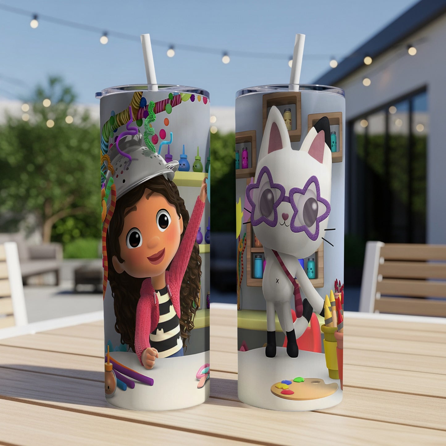 Gabby and Pandy Paws from Gabby's Dollhouse on tumblers.