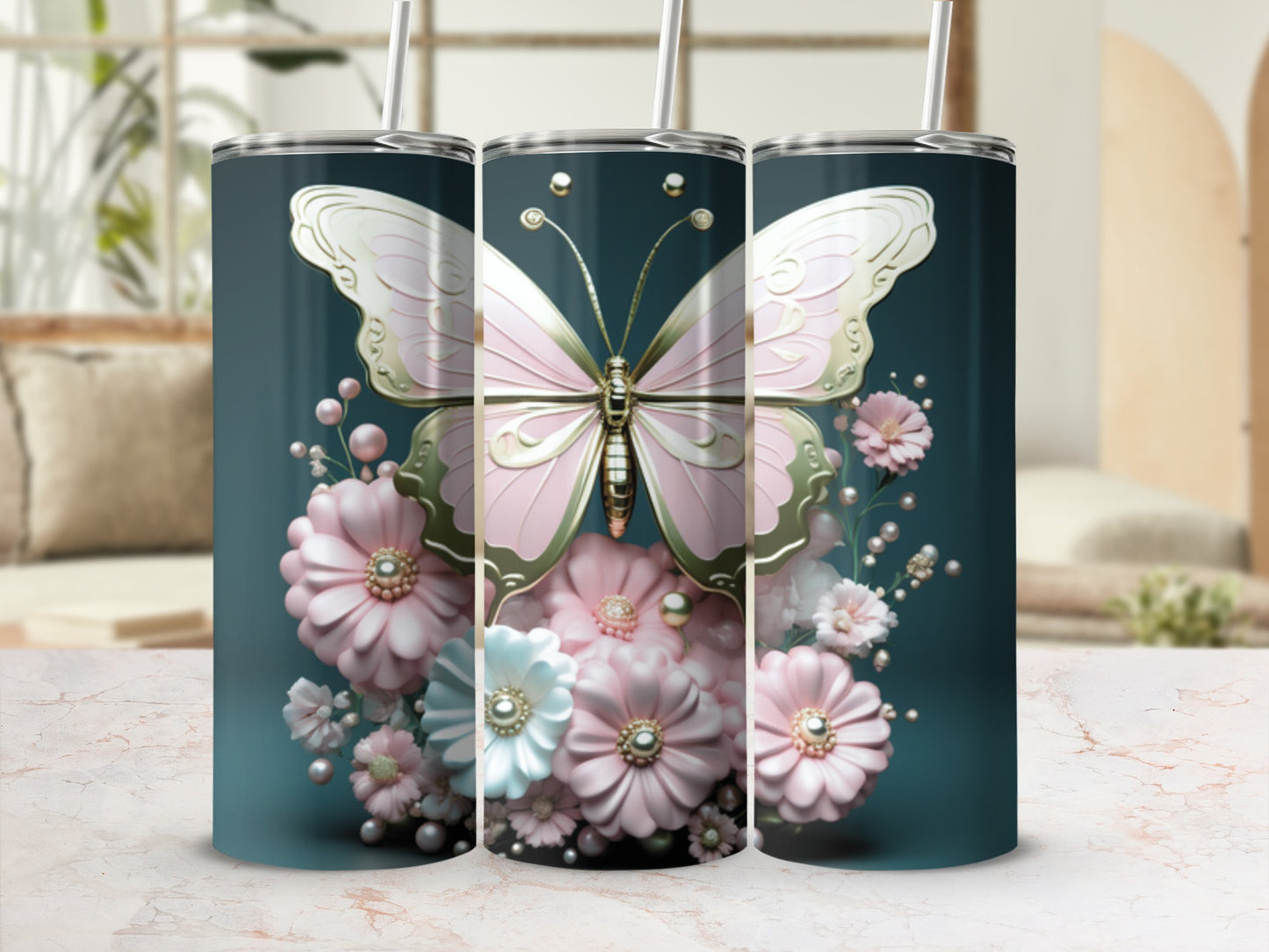 Pink butterfly and flowers on a teal tumbler with straw.