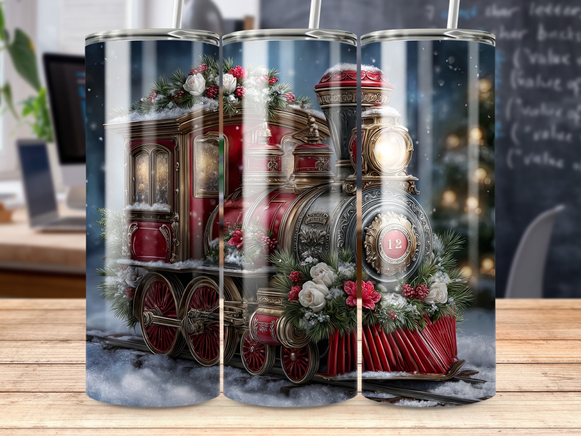 Festive Christmas Train Tumbler with Floral Details