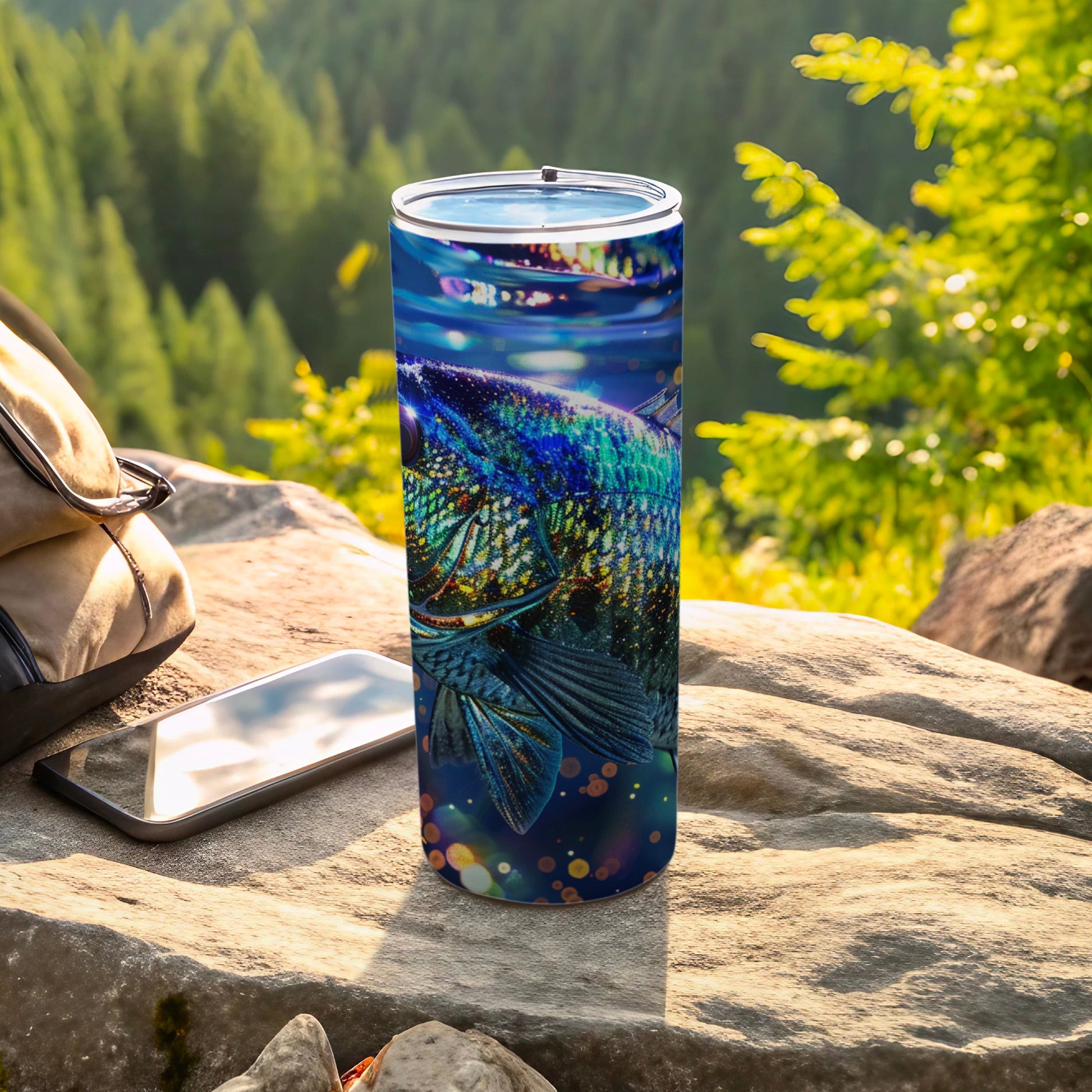 Steel tumbler with a detailed fish design, resting on rocks outdoors.