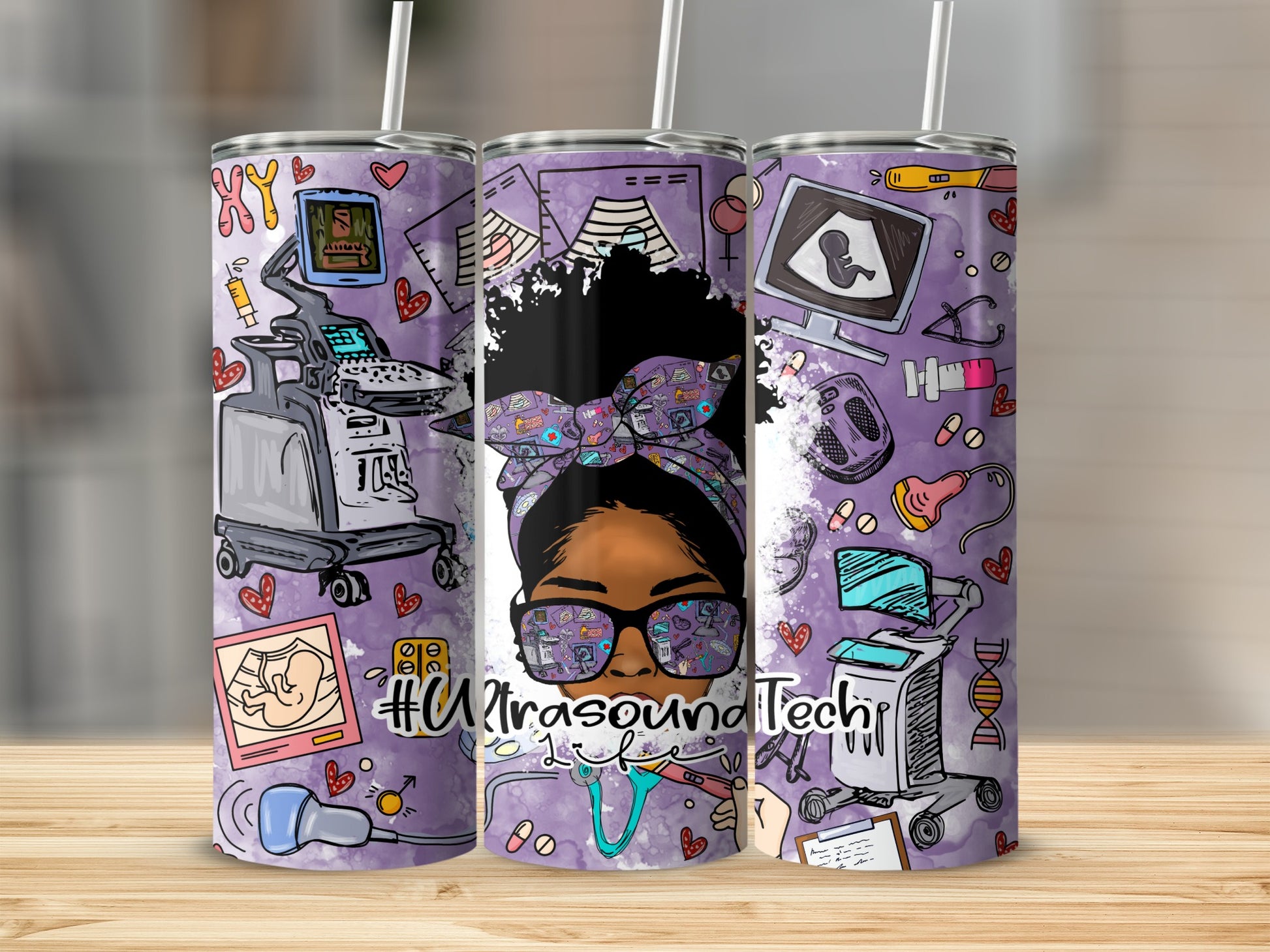 Tumbler with ultrasound tech graphics, stethoscope, and ultrasound machine illustration.