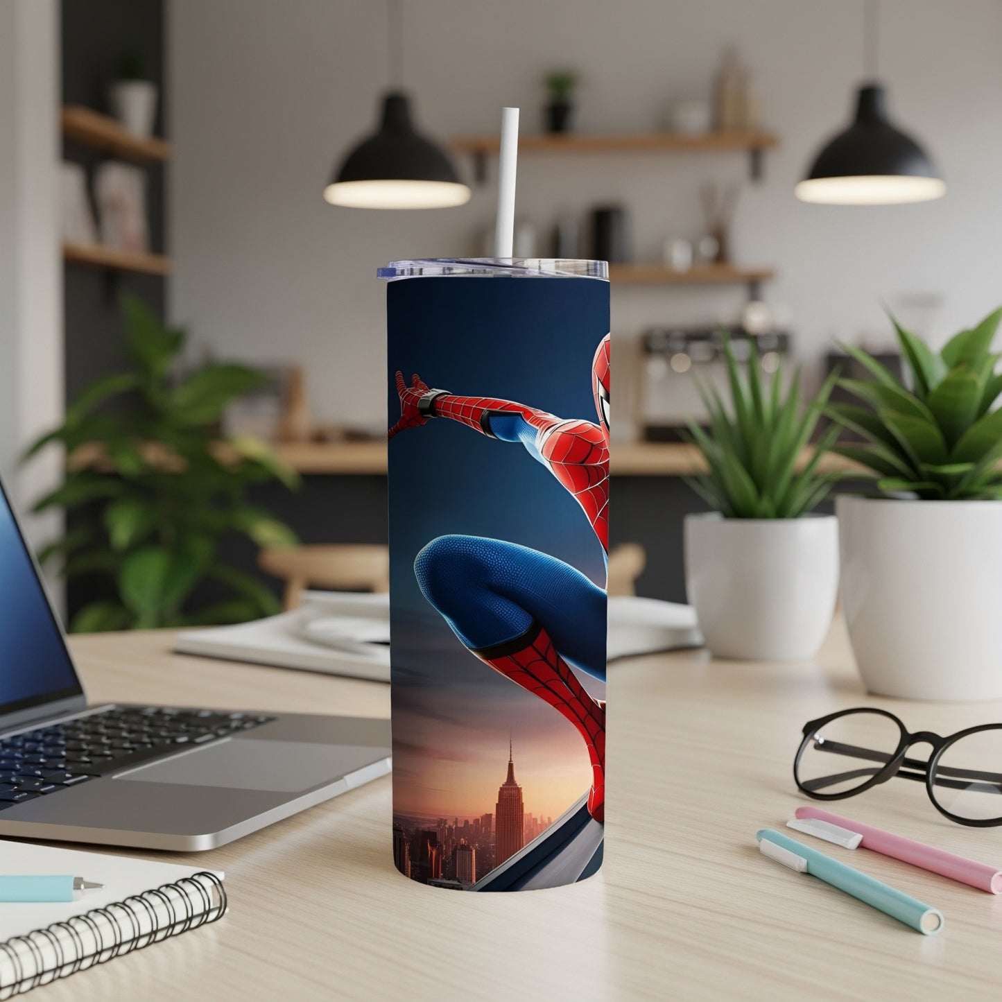 Spiderman superhero leaning forward on a building ledge against a city skyline.