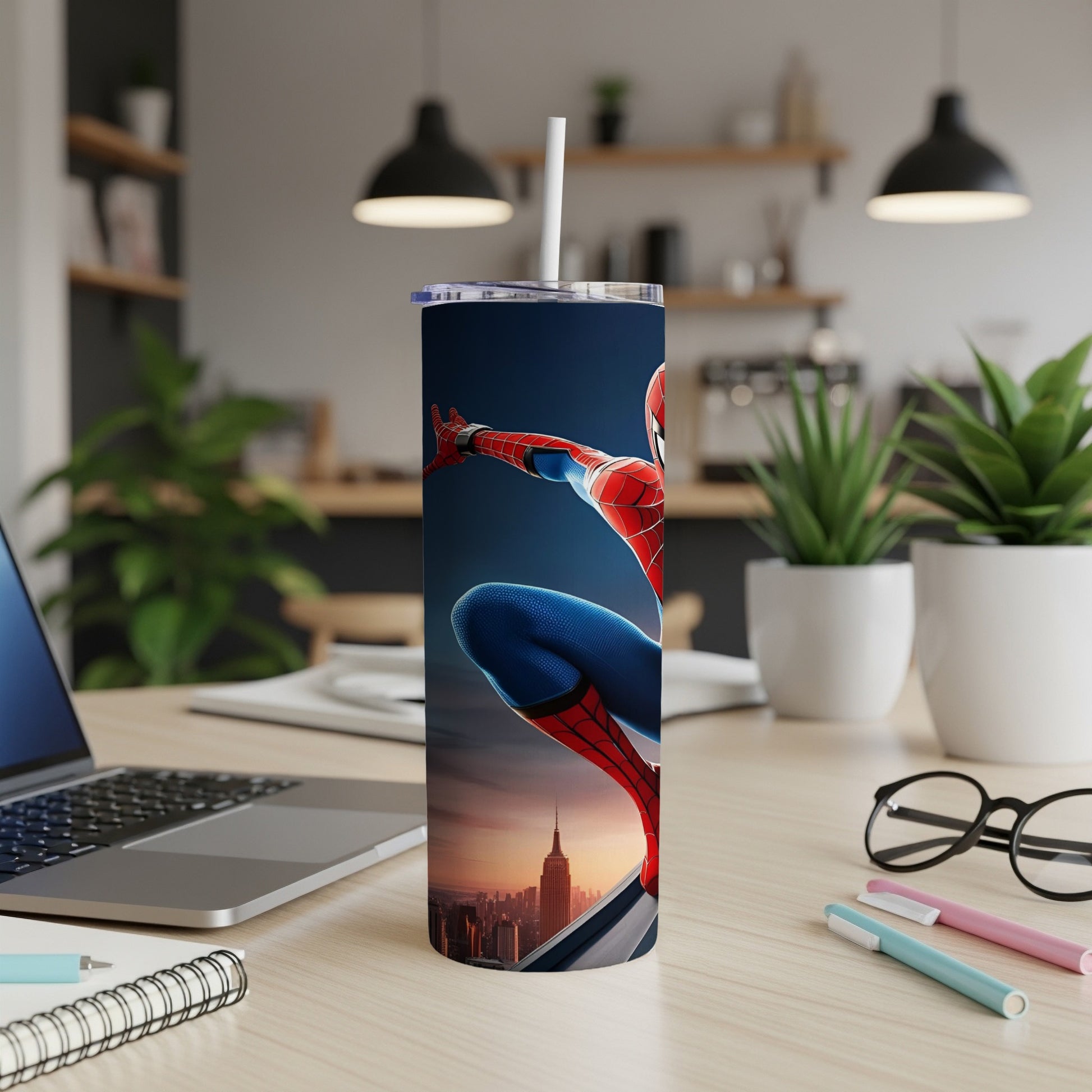 Spiderman superhero leaning forward on a building ledge against a city skyline.