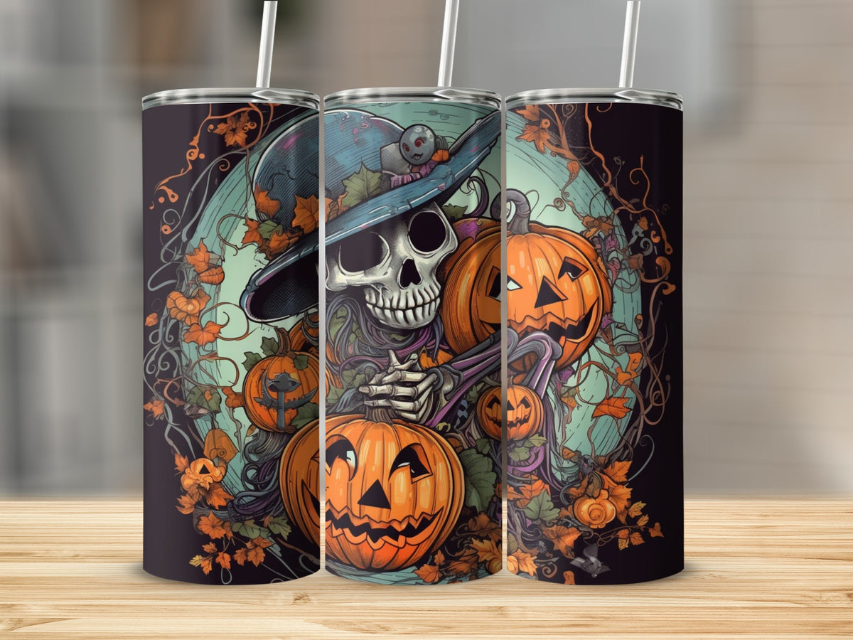 Halloween tumbler with skeleton, pumpkins, and autumn leaves design.