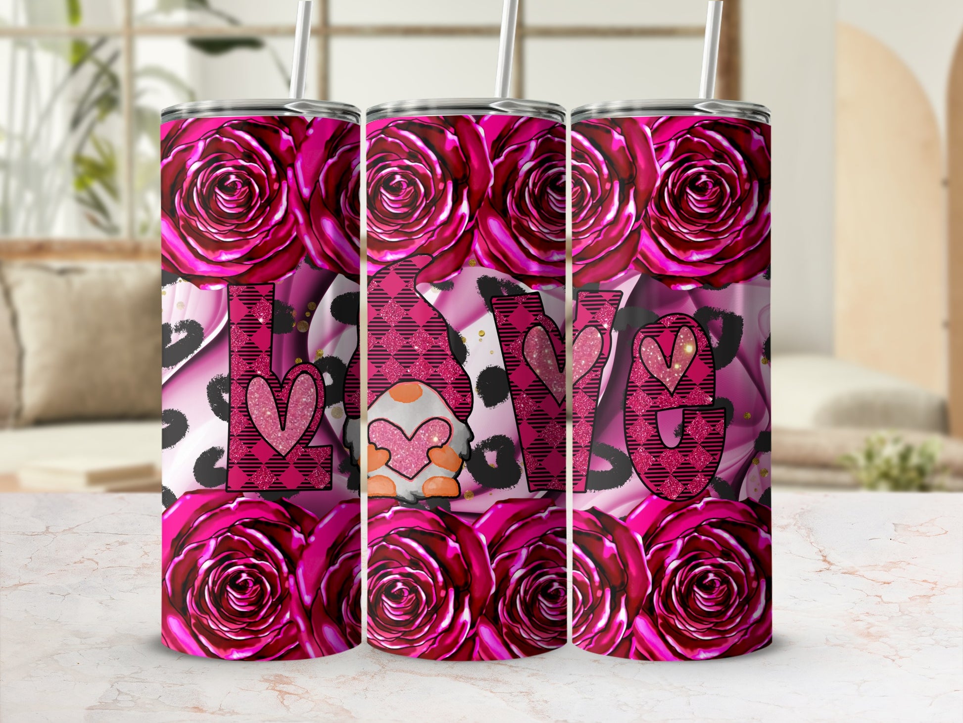 Pink Rose Love Pattern Tumbler Gift for Valentine's Day